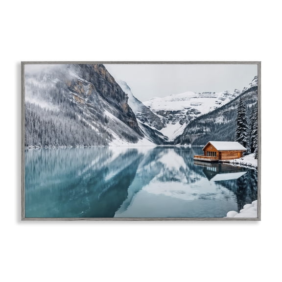 Stupell Industries Winter Cabin on Icy Lake Landscape & Nature Photography Gray Framed Art Print Wall Art, 30 x 20