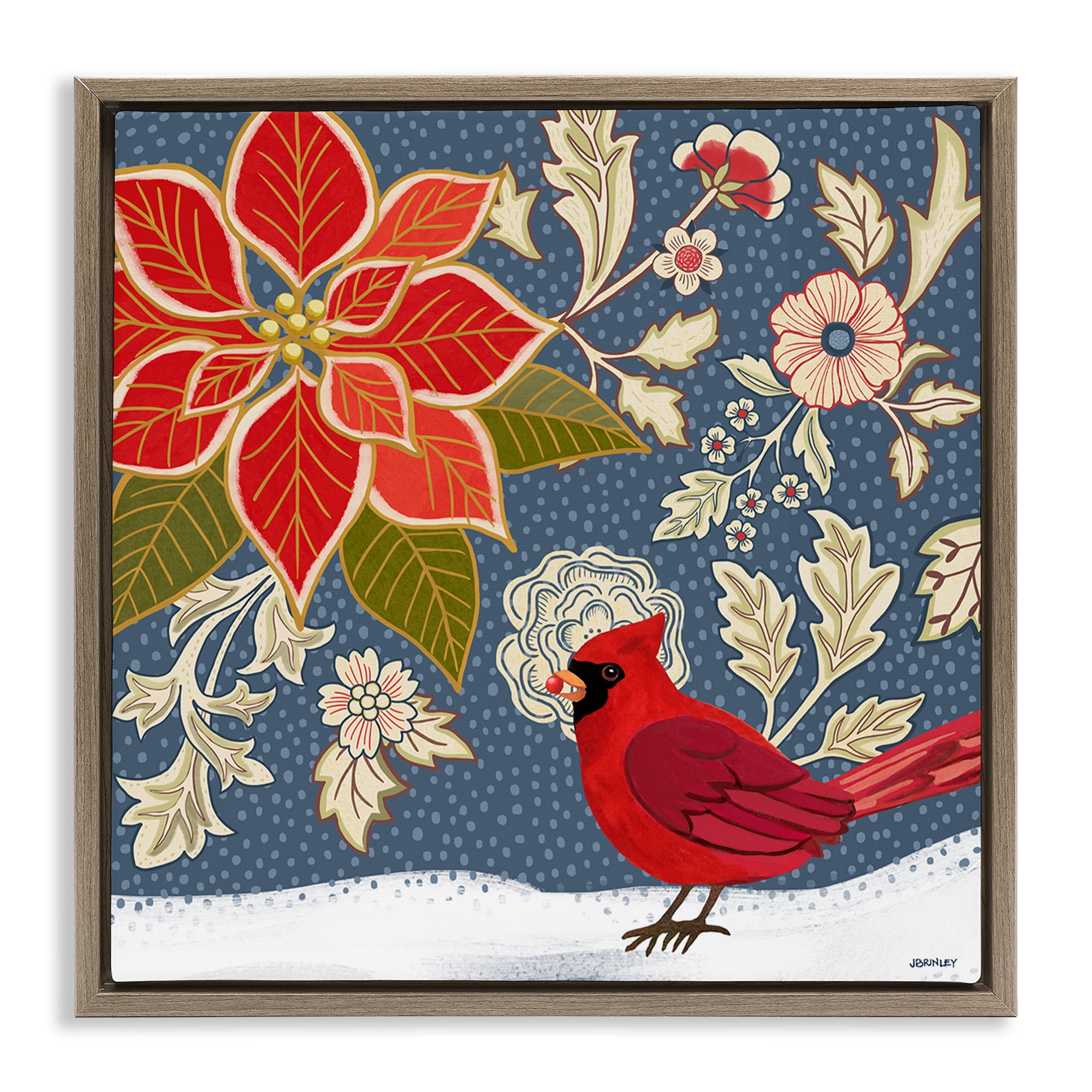 Stupell Industries Winter Cardinal in Snow Animals & Insects Painting Brown Floater Framed Canvas Art Print Wall Art, 18 x 18