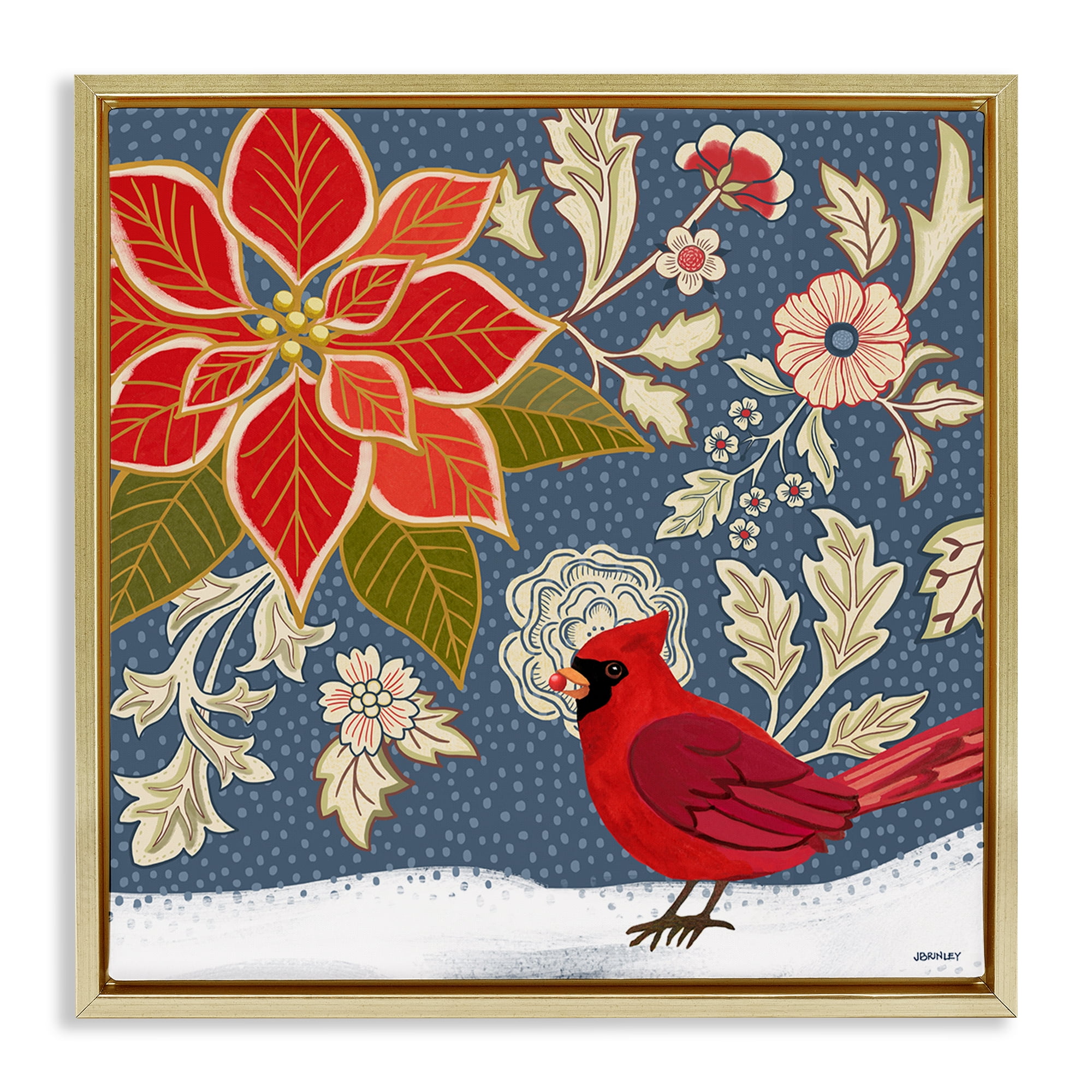 Stupell Industries Winter Cardinal in Snow Animals & Insects Painting Gold Floater Framed Canvas Art Print Wall Art, 25 x 25