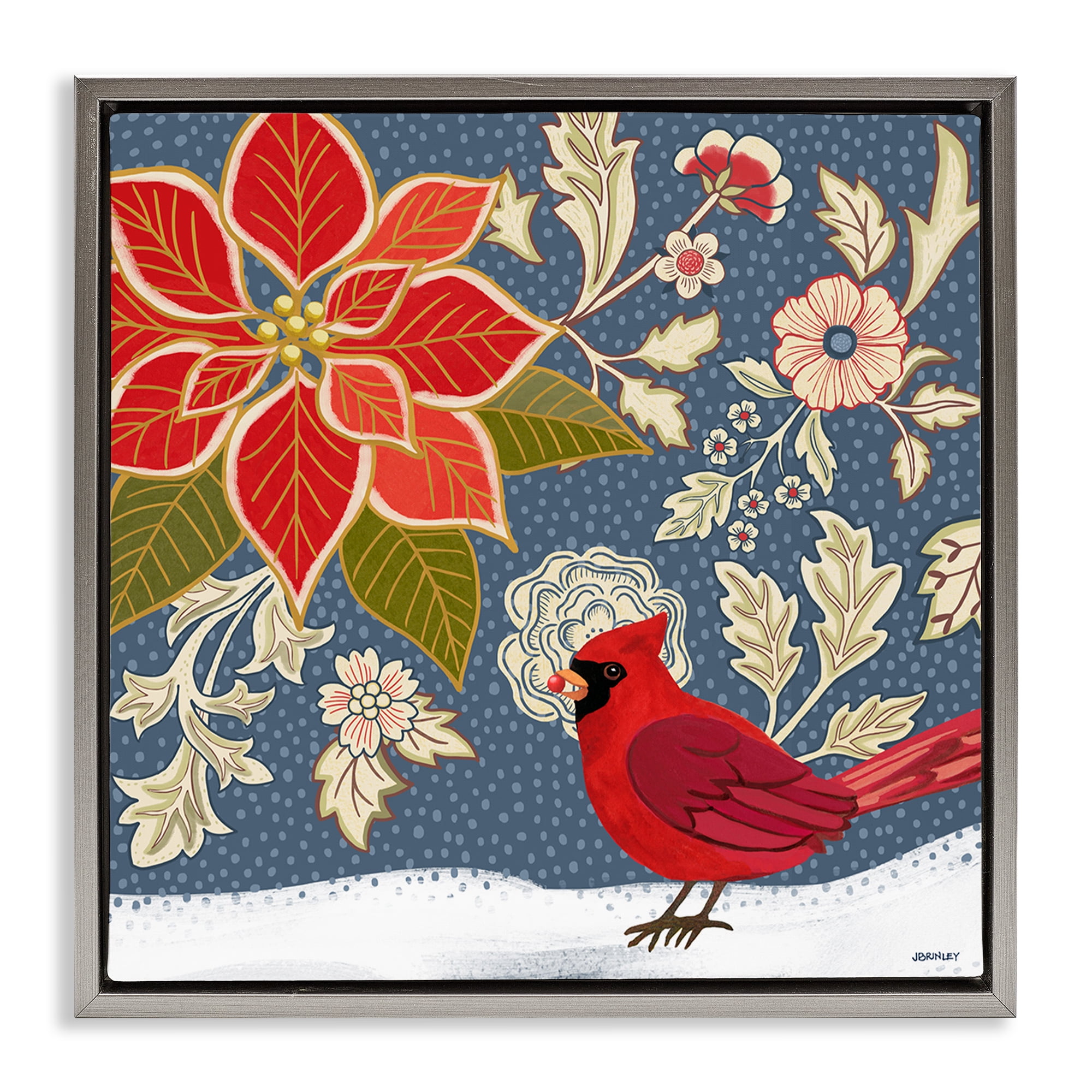 Stupell Industries Winter Cardinal in Snow Animals & Insects Painting Gray Floater Framed Canvas Art Print Wall Art, 18 x 18