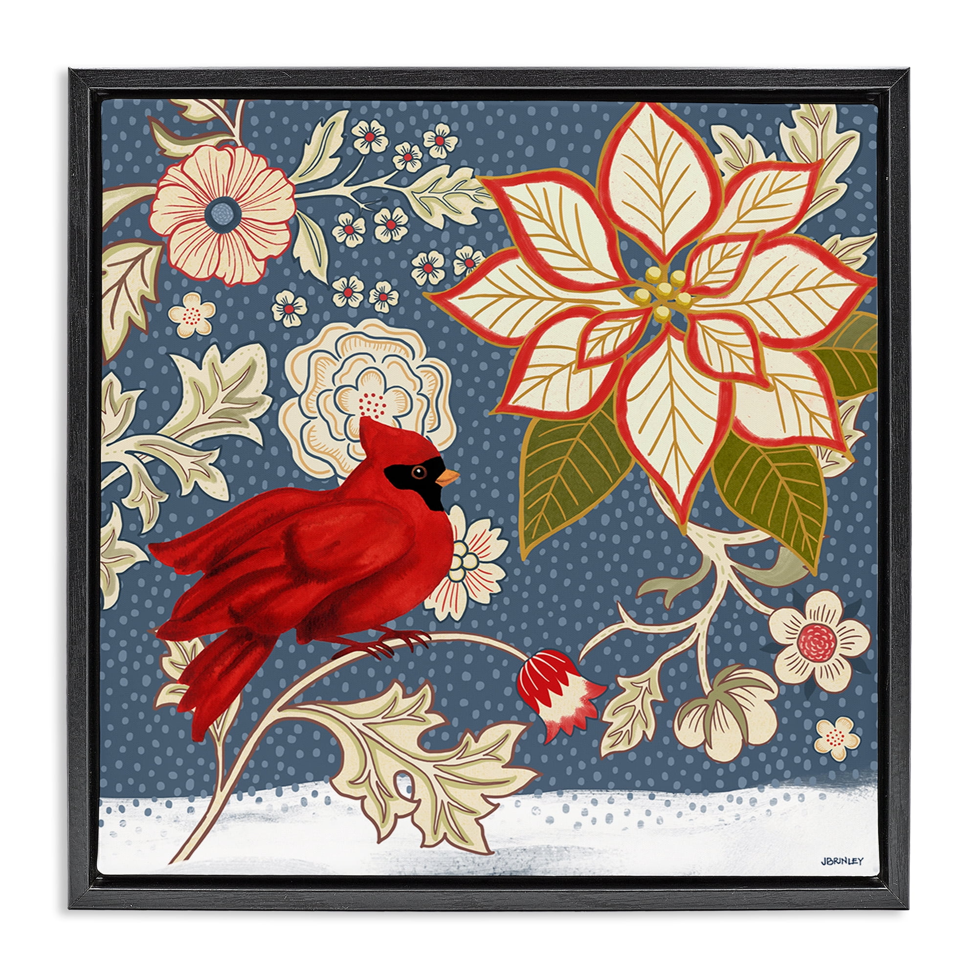 Stupell Industries Winter Cardinal with Flowers Animals & Insects Painting Black Floater Framed Canvas Art Print Wall Art, 25 x 25