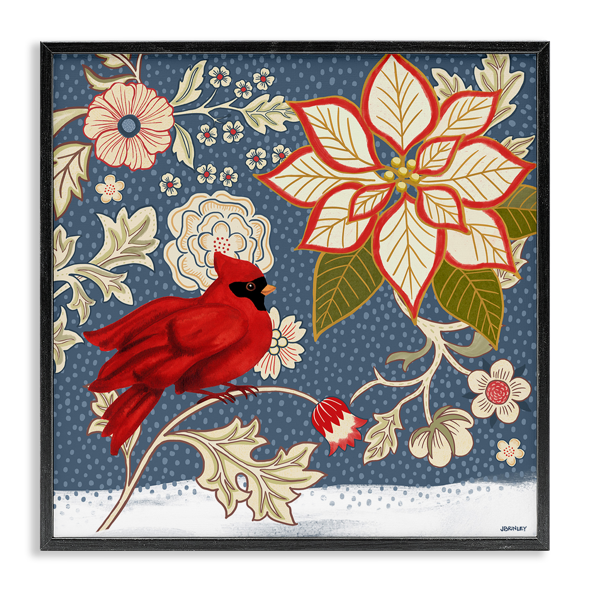 Stupell Industries Winter Cardinal with Flowers Animals & Insects Painting Black Framed Art Print Wall Art, 12 x 12