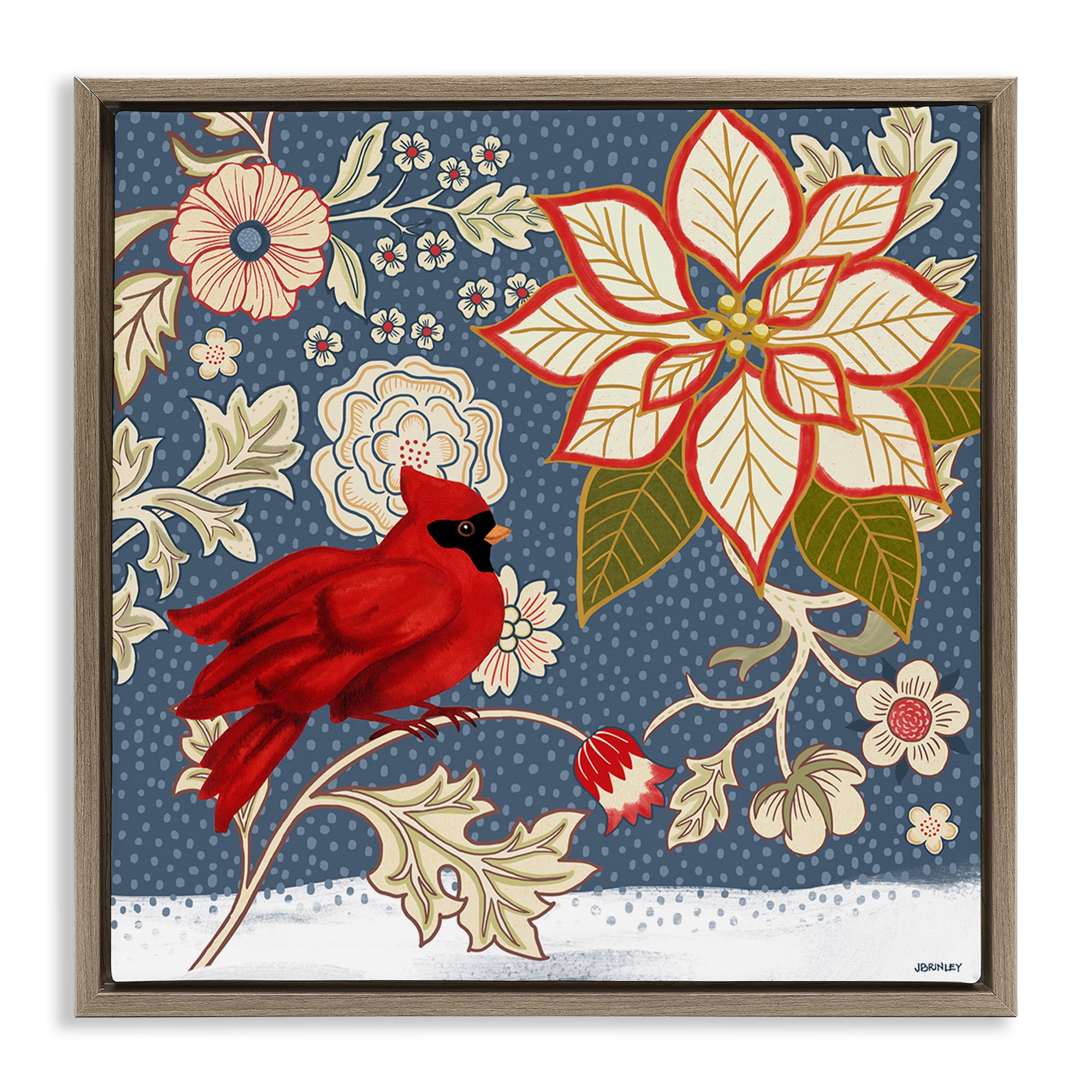 Stupell Industries Winter Cardinal with Flowers Animals & Insects Painting Brown Floater Framed Canvas Art Print Wall Art, 18 x 18