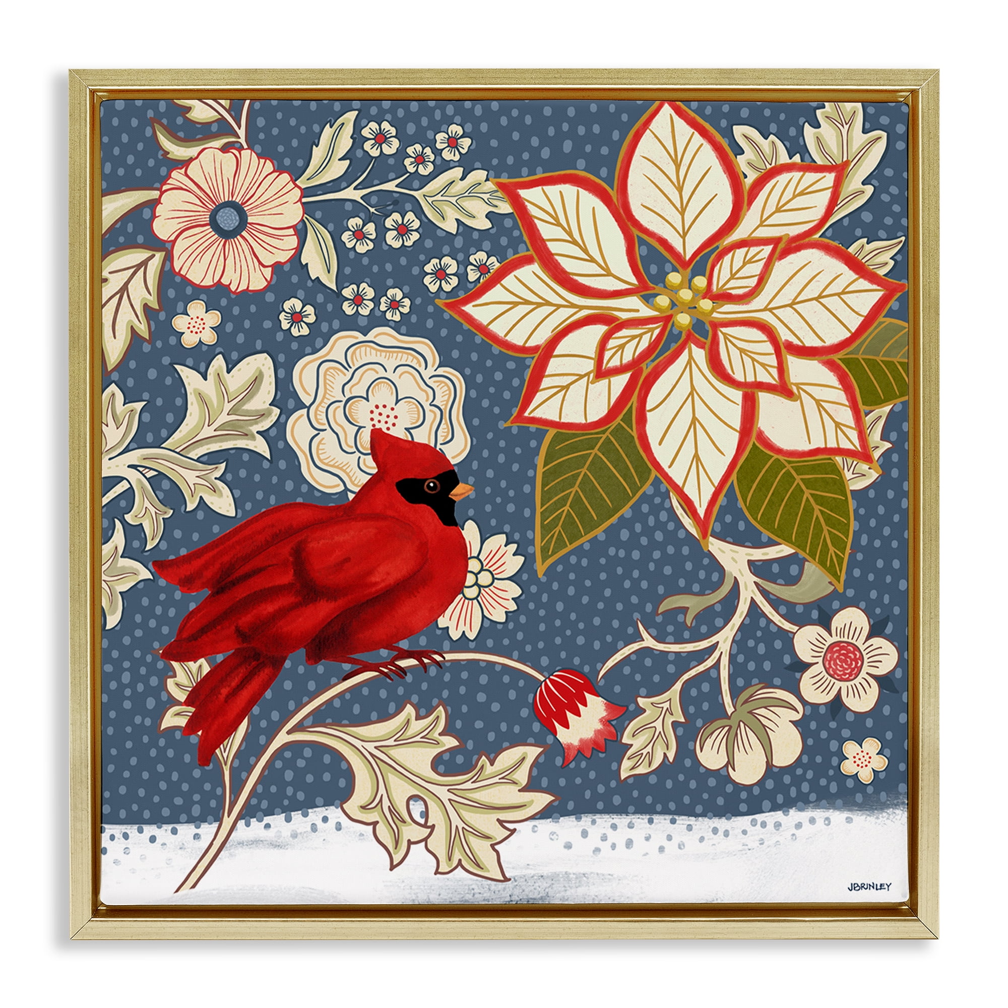 Stupell Industries Winter Cardinal with Flowers Animals & Insects Painting Gold Floater Framed Canvas Art Print Wall Art, 18 x 18