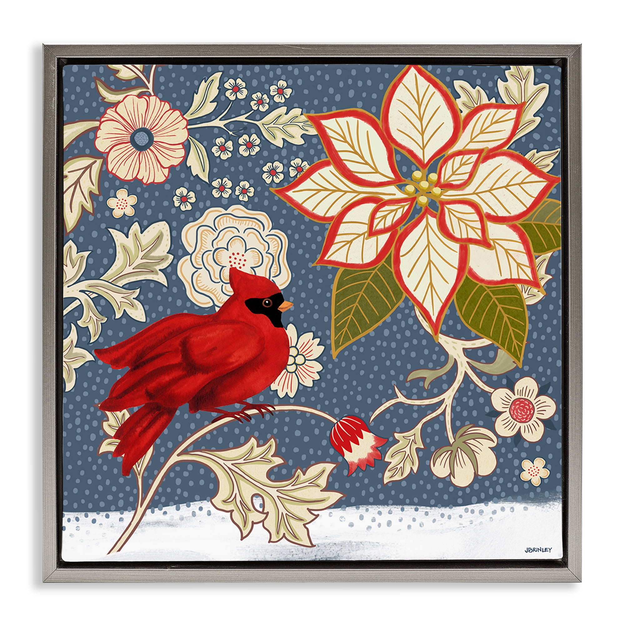 Stupell Industries Winter Cardinal with Flowers Animals & Insects Painting Gray Floater Framed Canvas Art Print Wall Art, 18 x 18