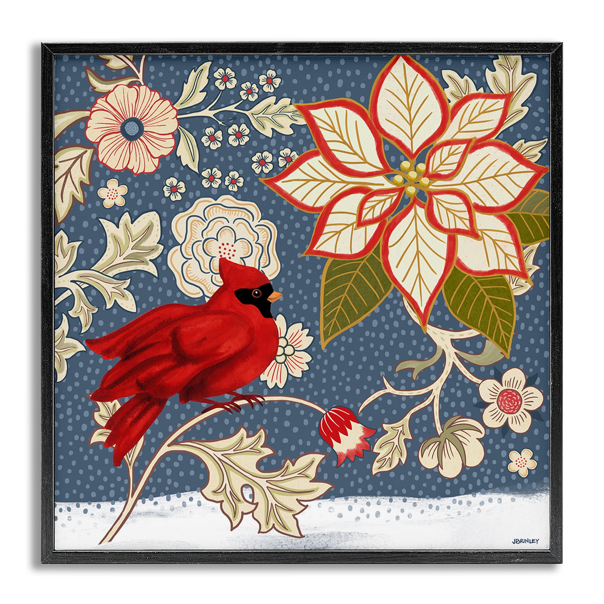 Stupell Industries Winter Cardinal with Flowers Animals & Insects Painting Gray Framed Art Print Wall Art, 12 x 12