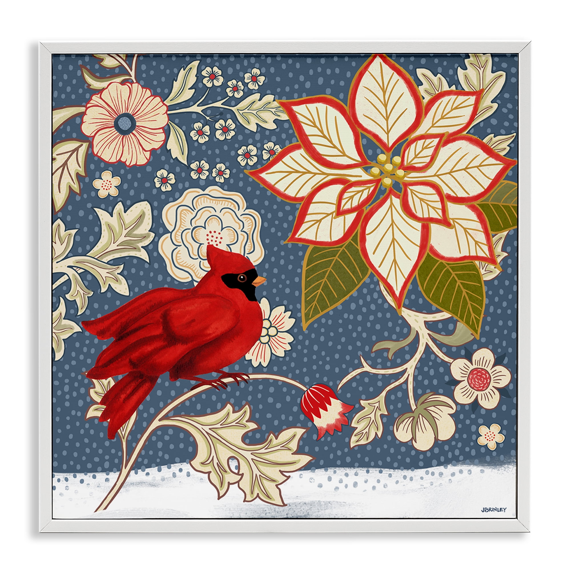 Stupell Industries Winter Cardinal with Flowers Animals & Insects Painting White Framed Art Print Wall Art, 24 x 24