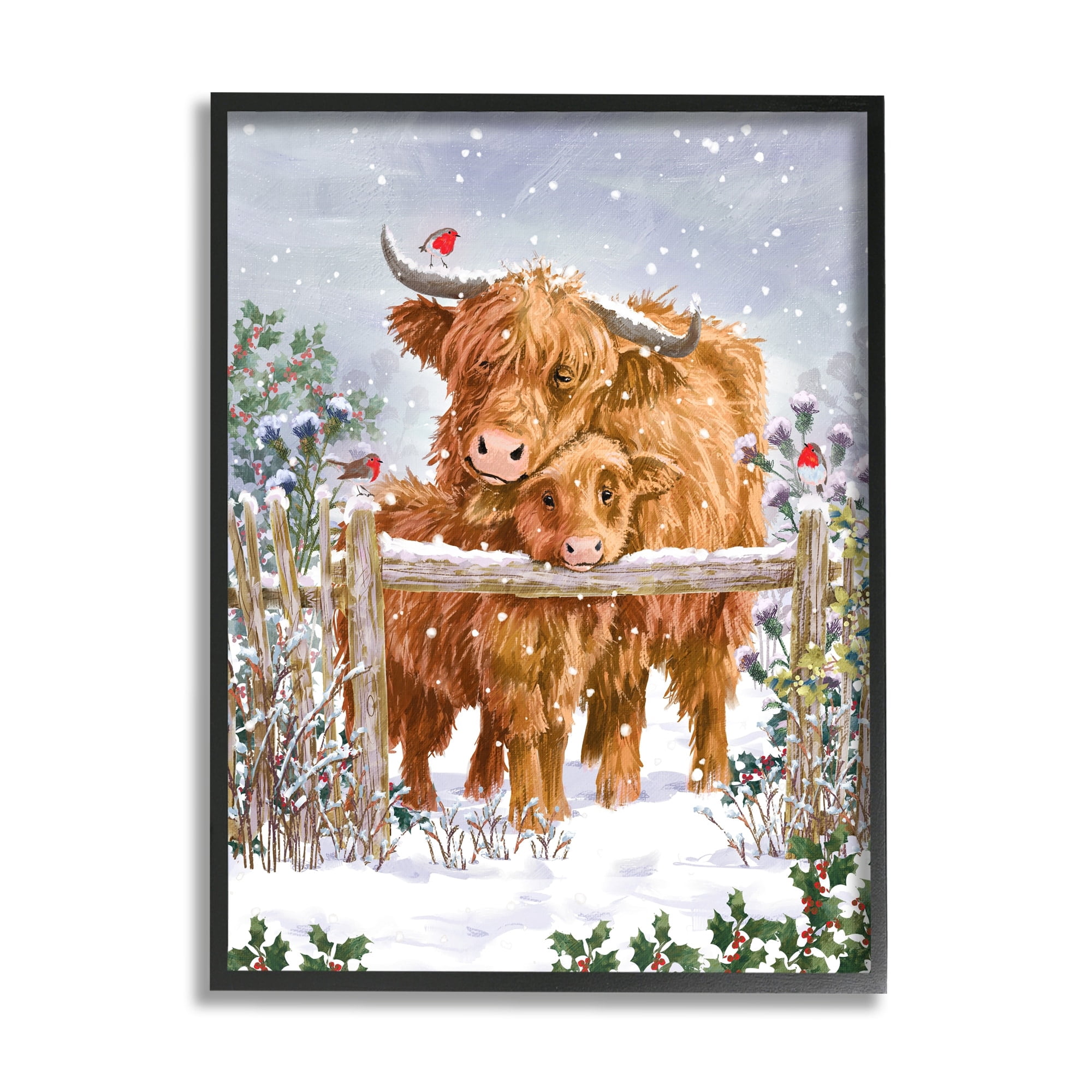 Stupell Industries Winter Cattle Cuddling Snow Scene Holiday Painting Black Framed Art Print Wall Art