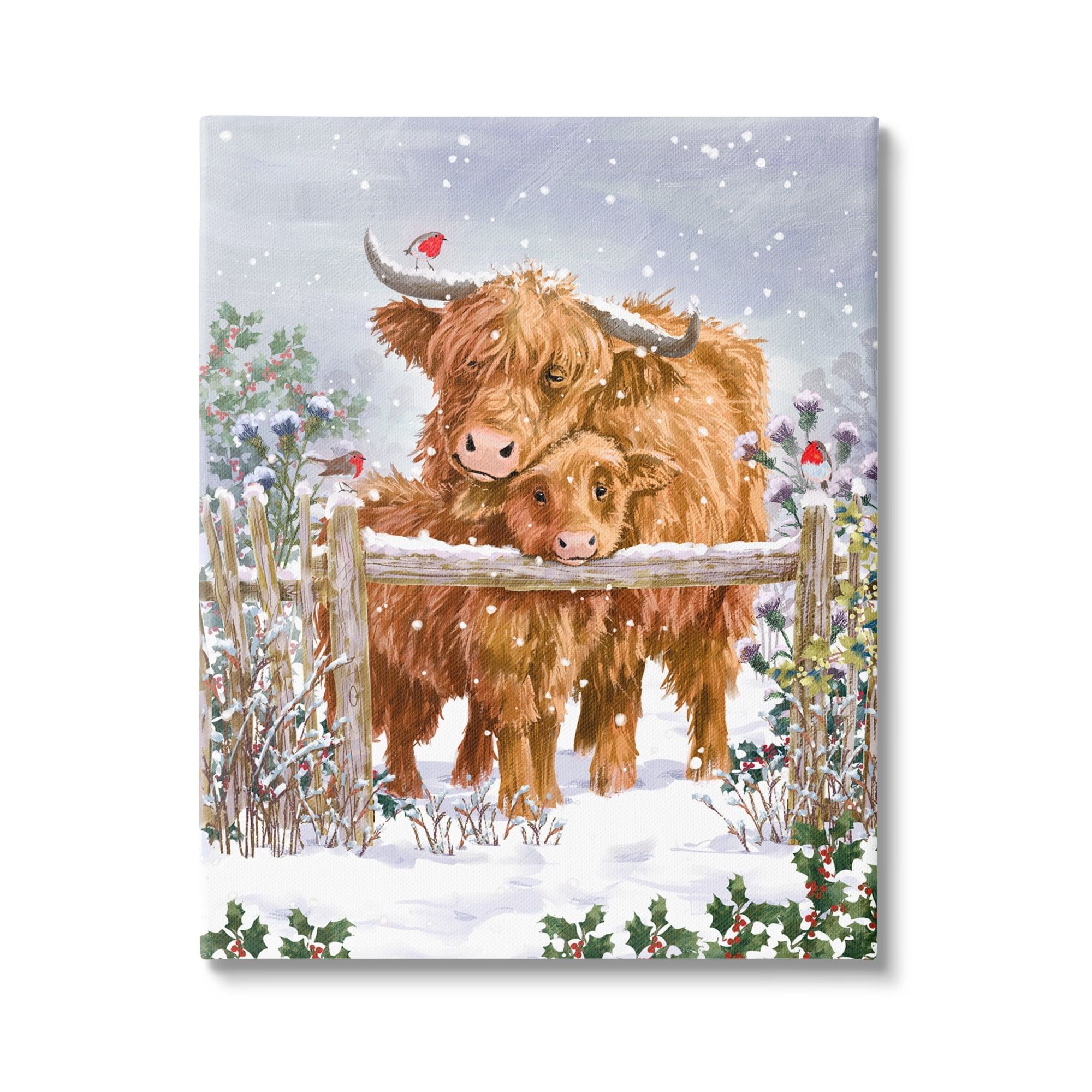 Stupell Industries Winter Cattle Cuddling Snow Scene Holiday Painting Gallery Wrapped Canvas Print Wall Art