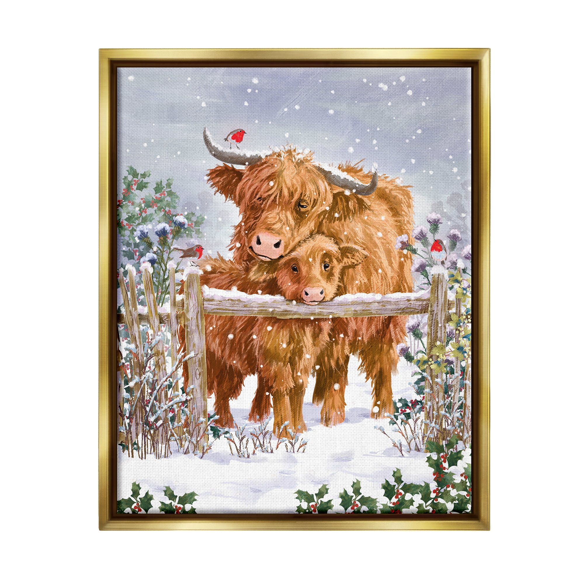 Stupell Industries Winter Cattle Cuddling Snow Scene Holiday Painting Gold Floater Framed Art Print Wall Art