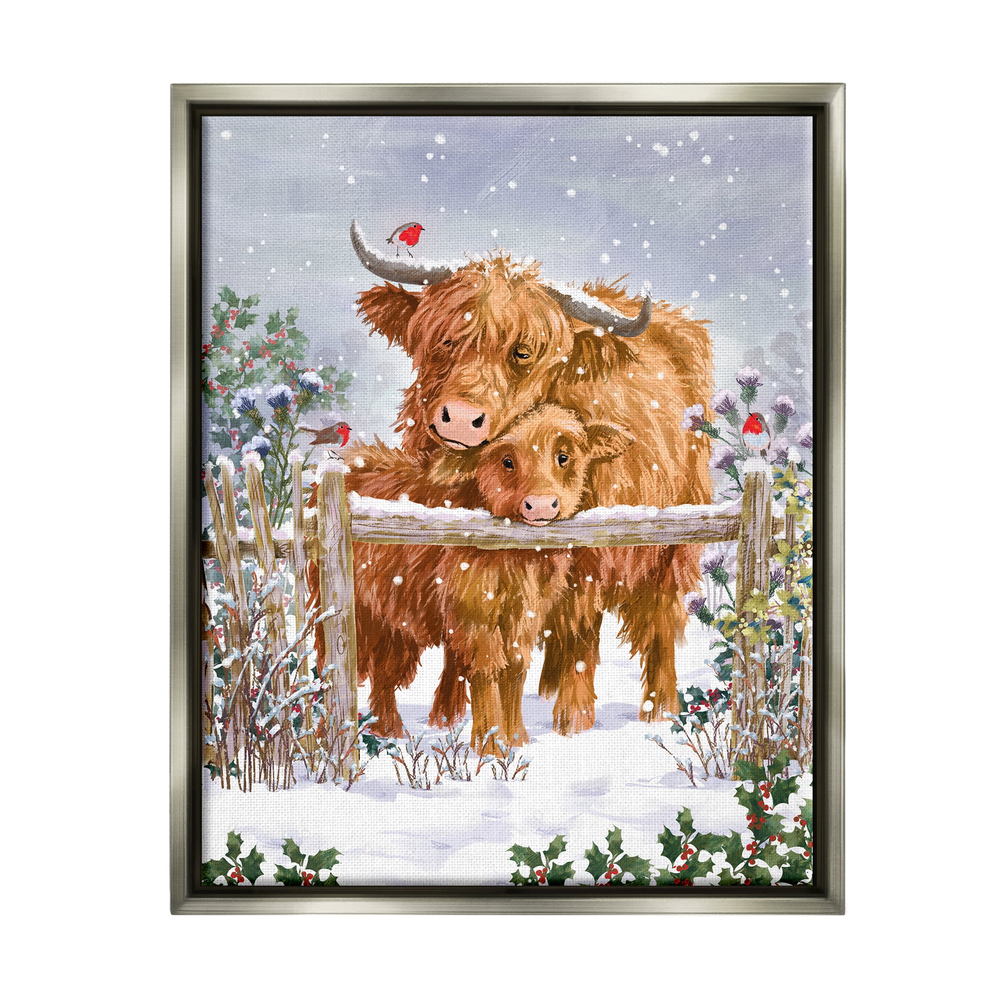 Stupell Industries Winter Cattle Cuddling Snow Scene Holiday Painting Gray Floater Framed Art Print Wall Art