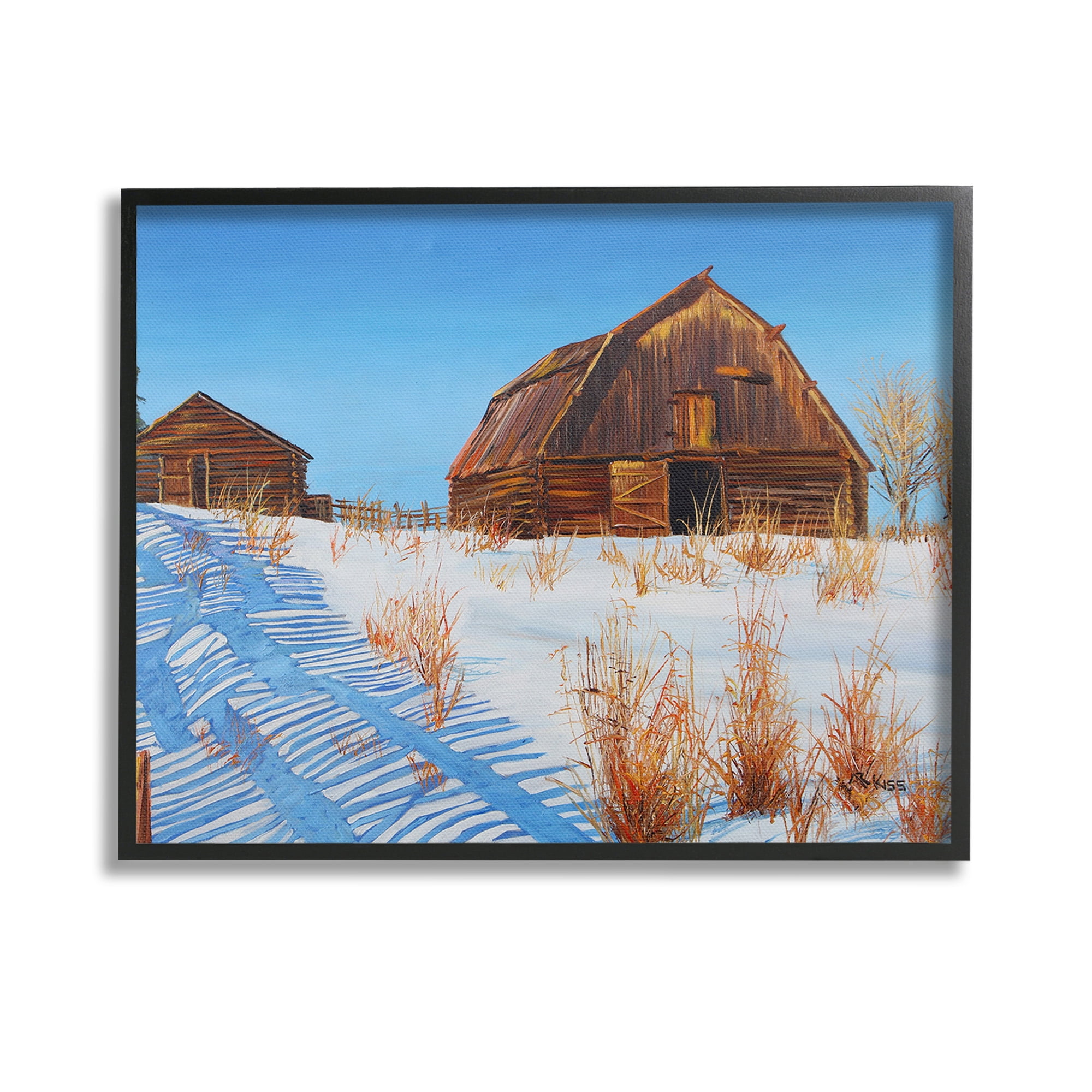 Stupell Industries Winter Country Barn Landscape Painting Black Framed Art Print Wall Art, 14 x 11