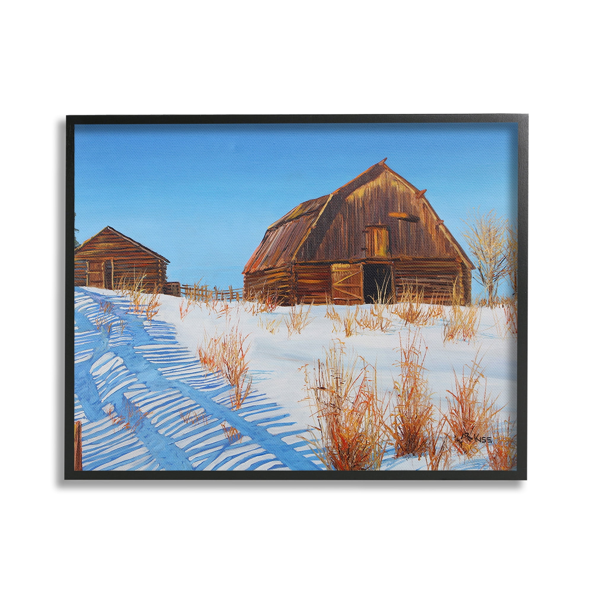 Stupell Industries Winter Country Barn Landscape Painting Black Framed Art Print Wall Art, 30 x 24