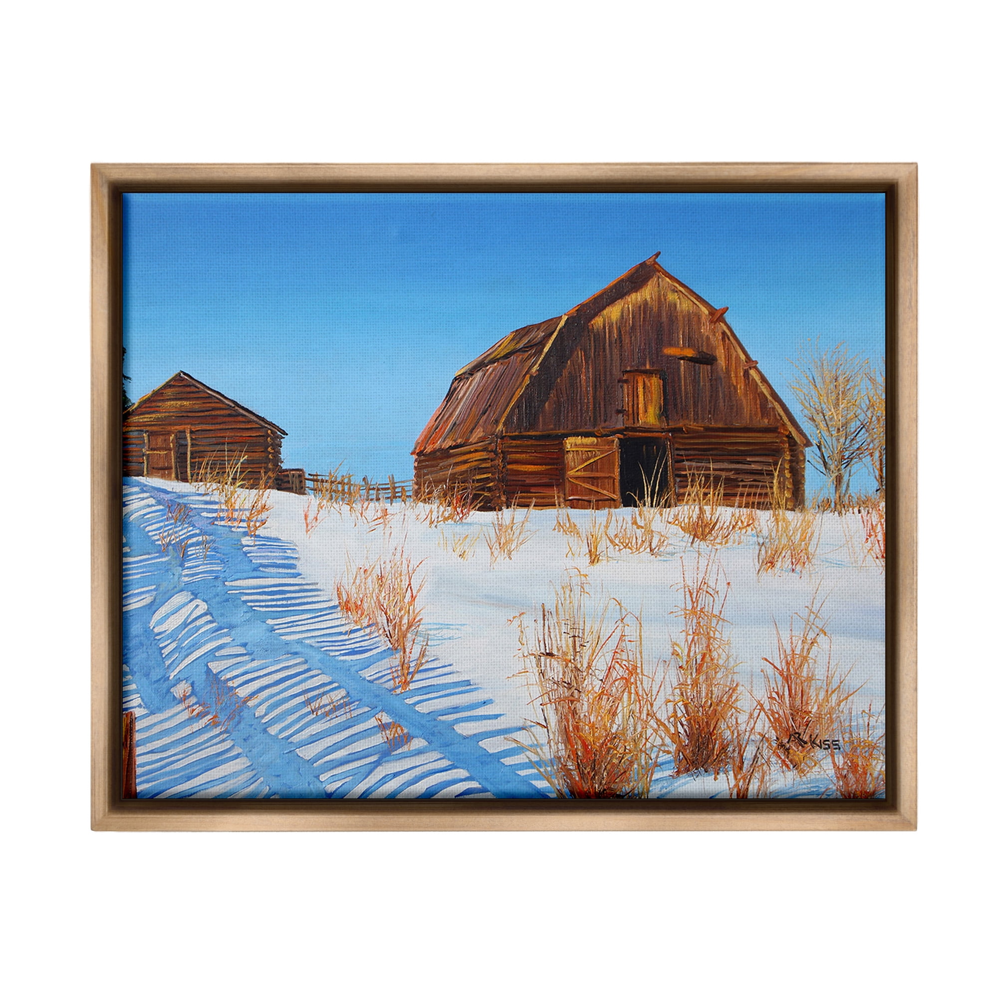 Stupell Industries Winter Country Barn Landscape Painting Brown Floater Framed Canvas Art Print Wall Art, 21 x 17