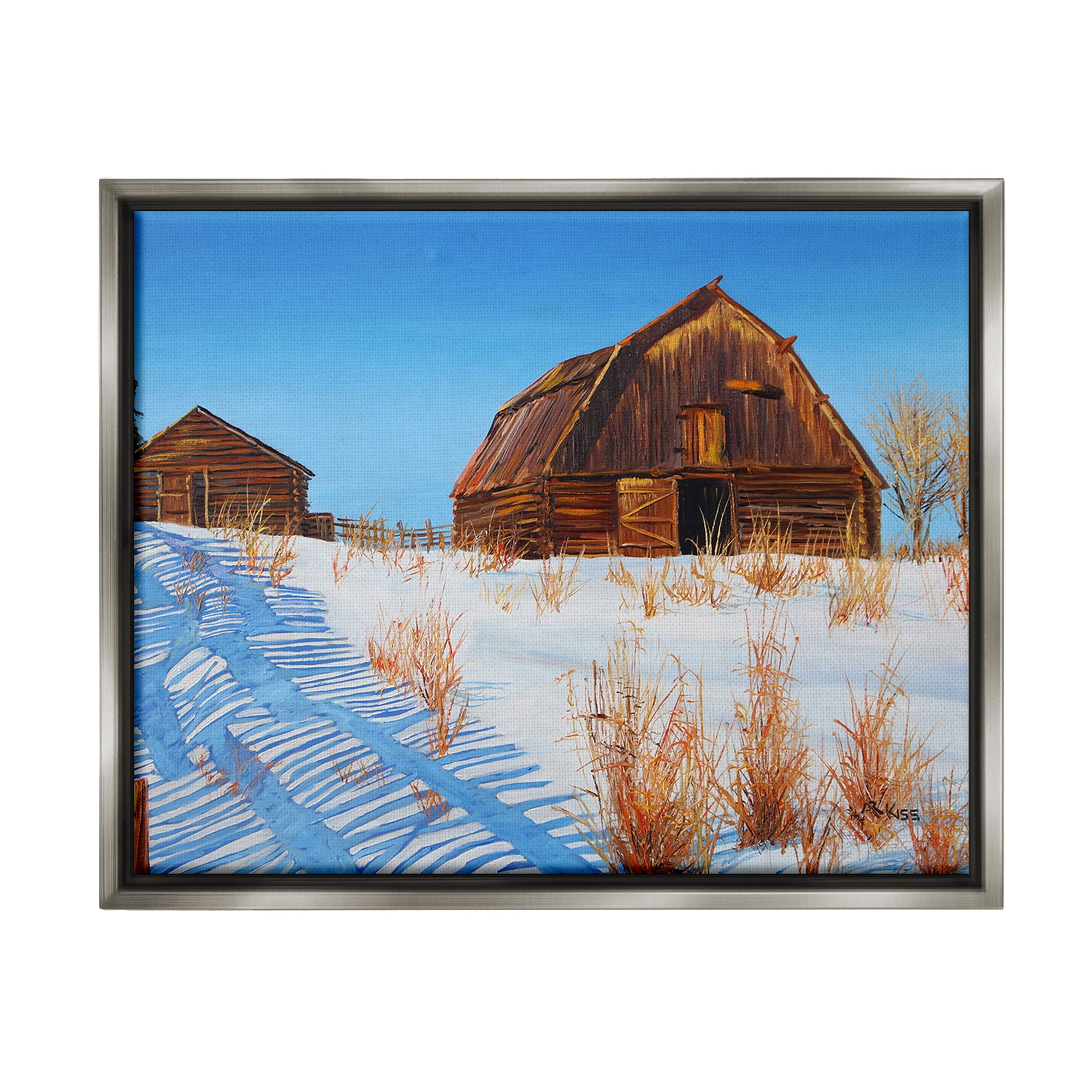 Stupell Industries Winter Country Barn Landscape Painting Gray Floater Framed Canvas Art Print Wall Art, 31 x 25
