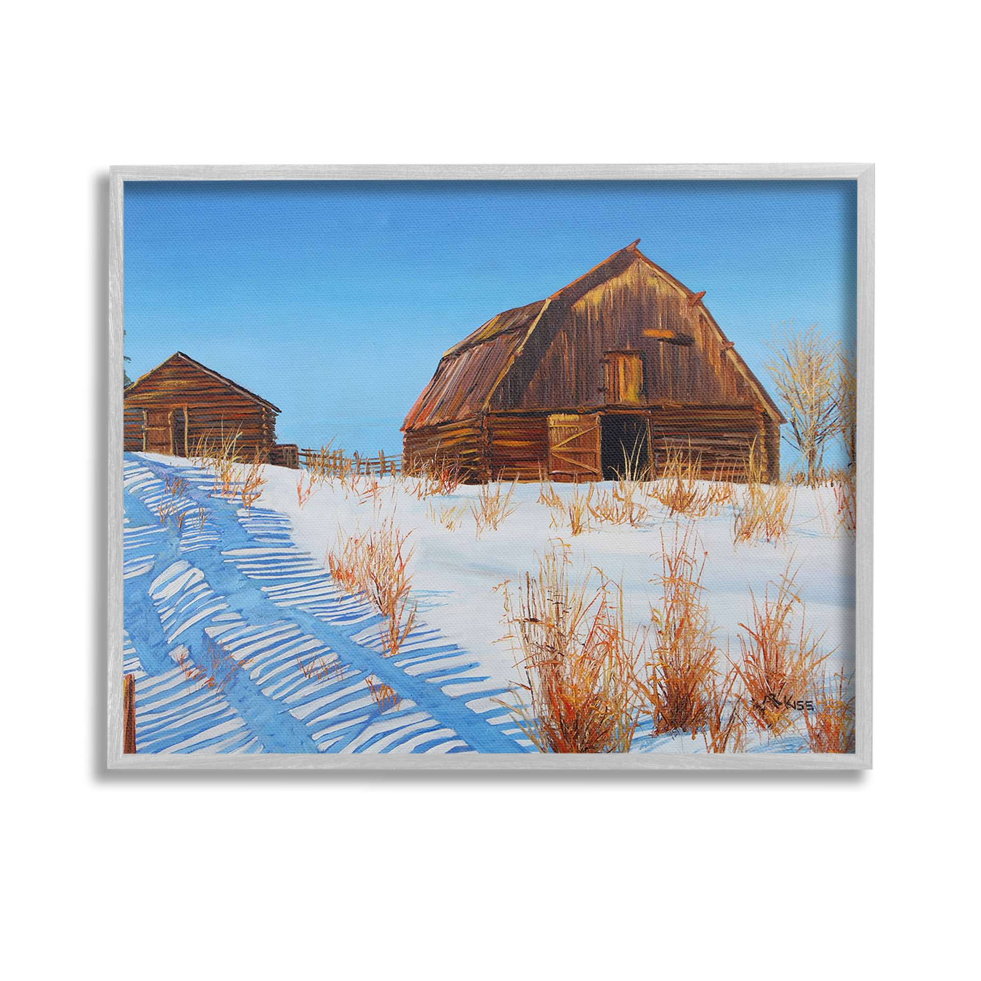 Stupell Industries Winter Country Barn Landscape Painting Gray Framed Art Print Wall Art, 14 x 11