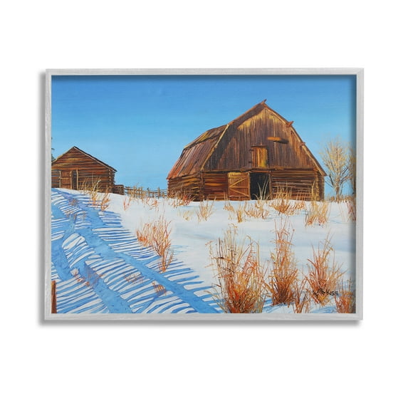 Stupell Industries Winter Country Barn Landscape Painting Gray Framed Art Print Wall Art, 14 x 11