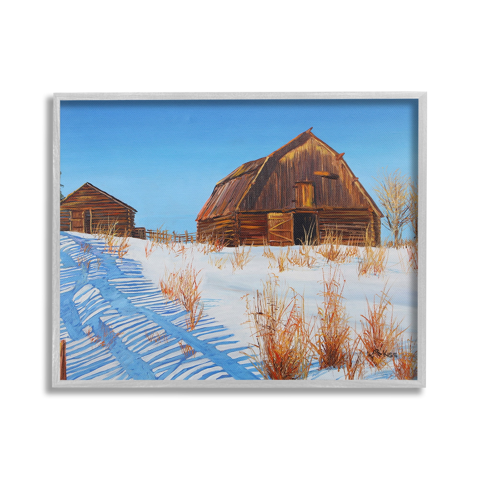 Stupell Industries Winter Country Barn Landscape Painting Gray Framed Art Print Wall Art, 30 x 24