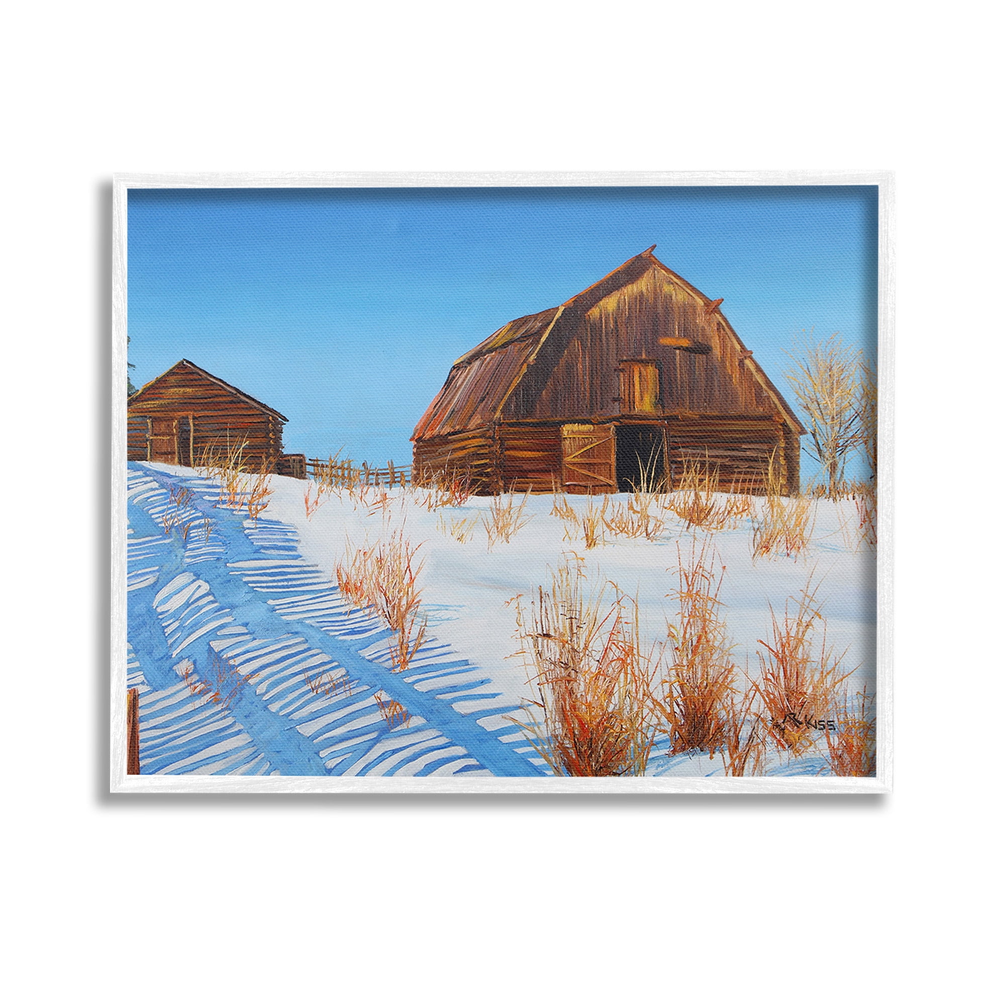 Stupell Industries Winter Country Barn Landscape Painting White Framed Art Print Wall Art, 14 x 11