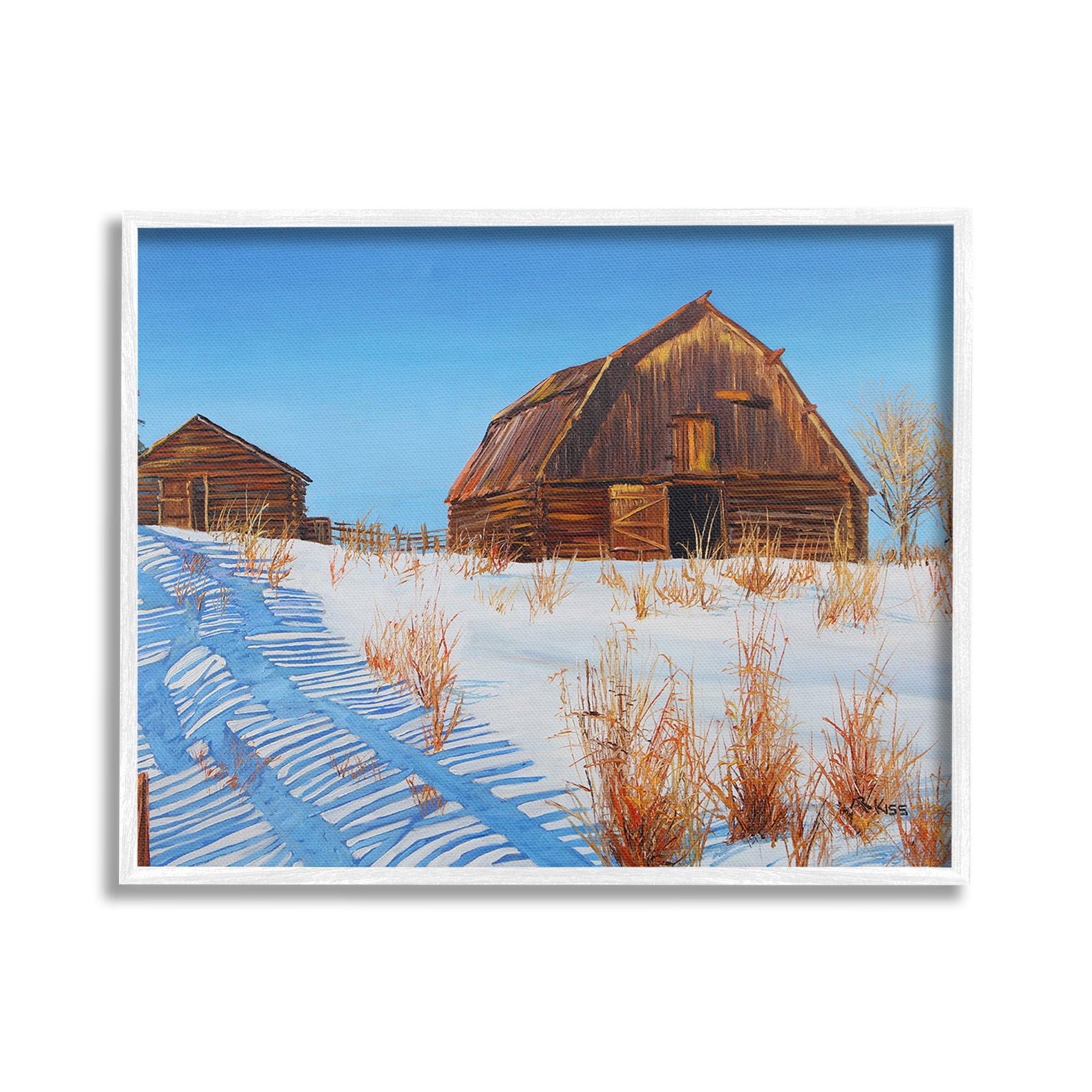 Stupell Industries Winter Country Barn Landscape Painting White Framed Art Print Wall Art, 20 x 16