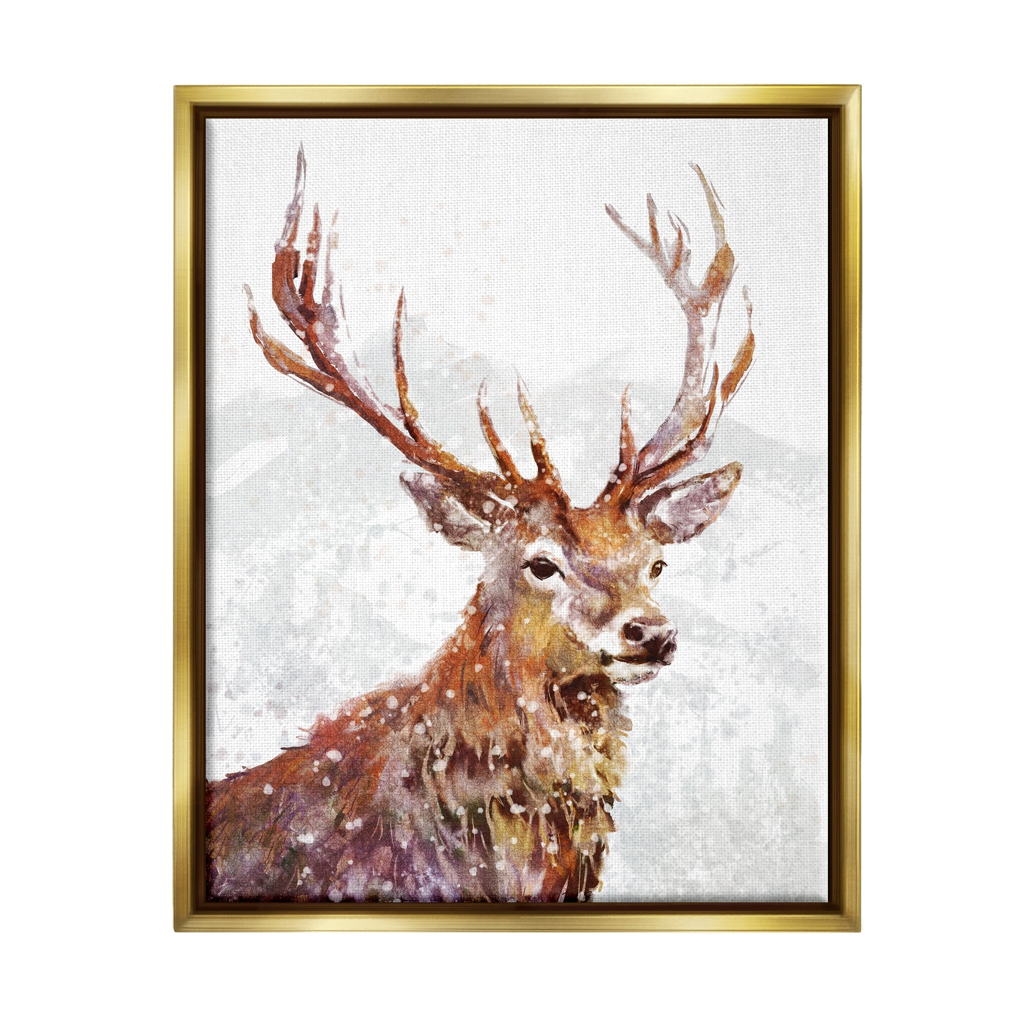 Stupell Industries Winter Deer Mountain Snowfall Holiday Painting Gold Floater Framed Art Print Wall Art