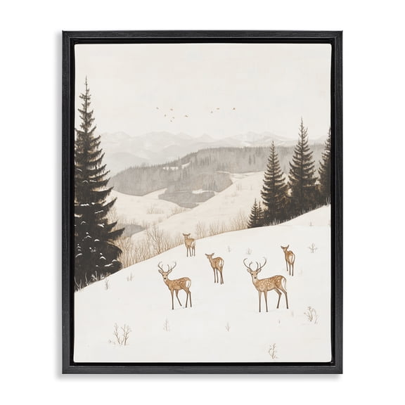 Stupell Industries Winter Deer Mountain View Landscape & Nature Painting Black Floater Framed Canvas Art Print Wall Art, 17 x 21