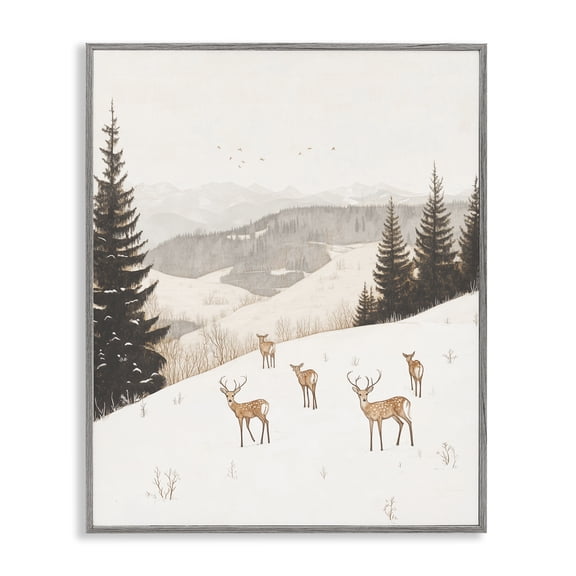 Stupell Industries Winter Deer Mountain View Landscape & Nature Painting Gray Framed Art Print Wall Art, 11 x 14