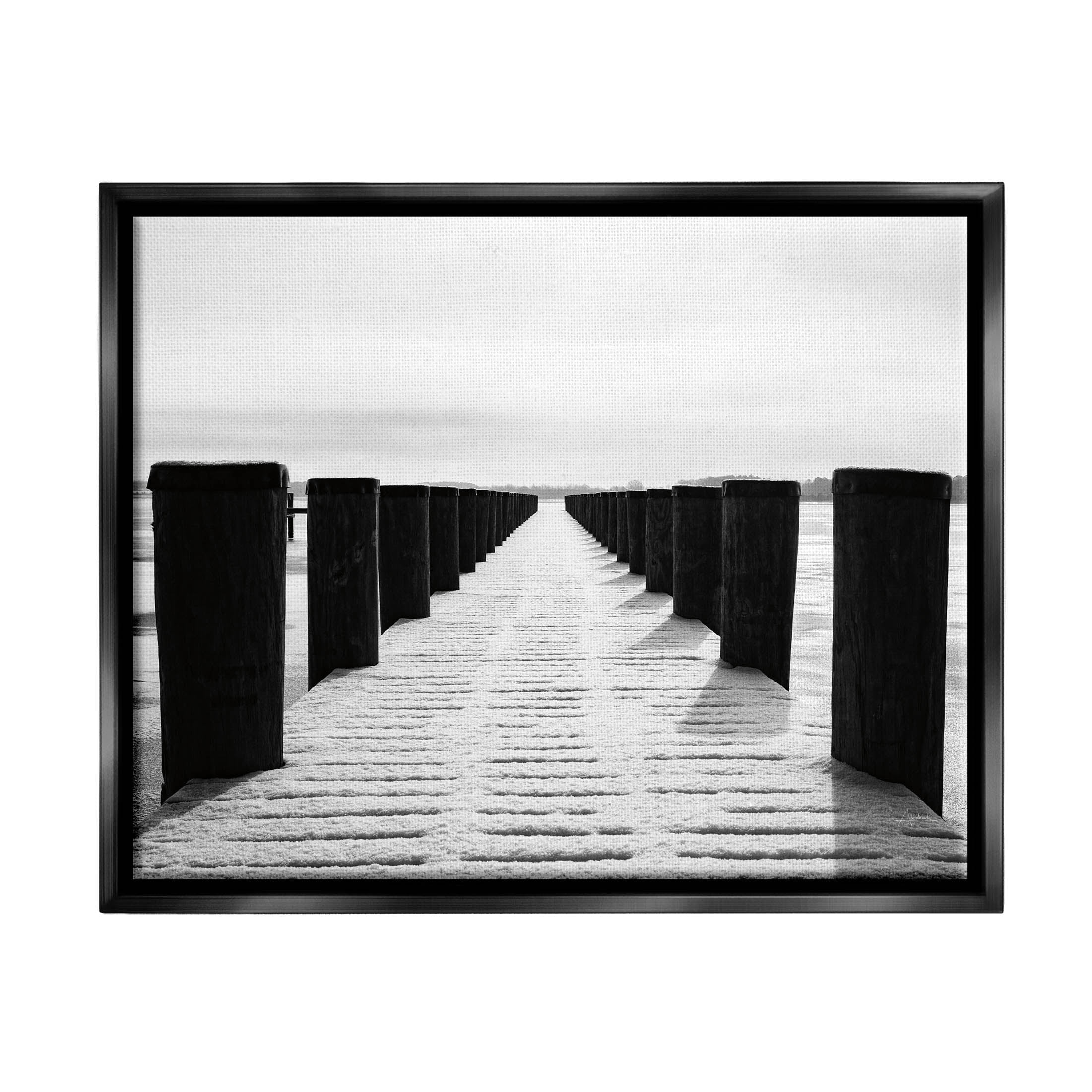 Stupell Industries Winter Dock Snowy Beach Photograph Jet Black Floating Framed Canvas Print Wall Art, Design by Aledanda