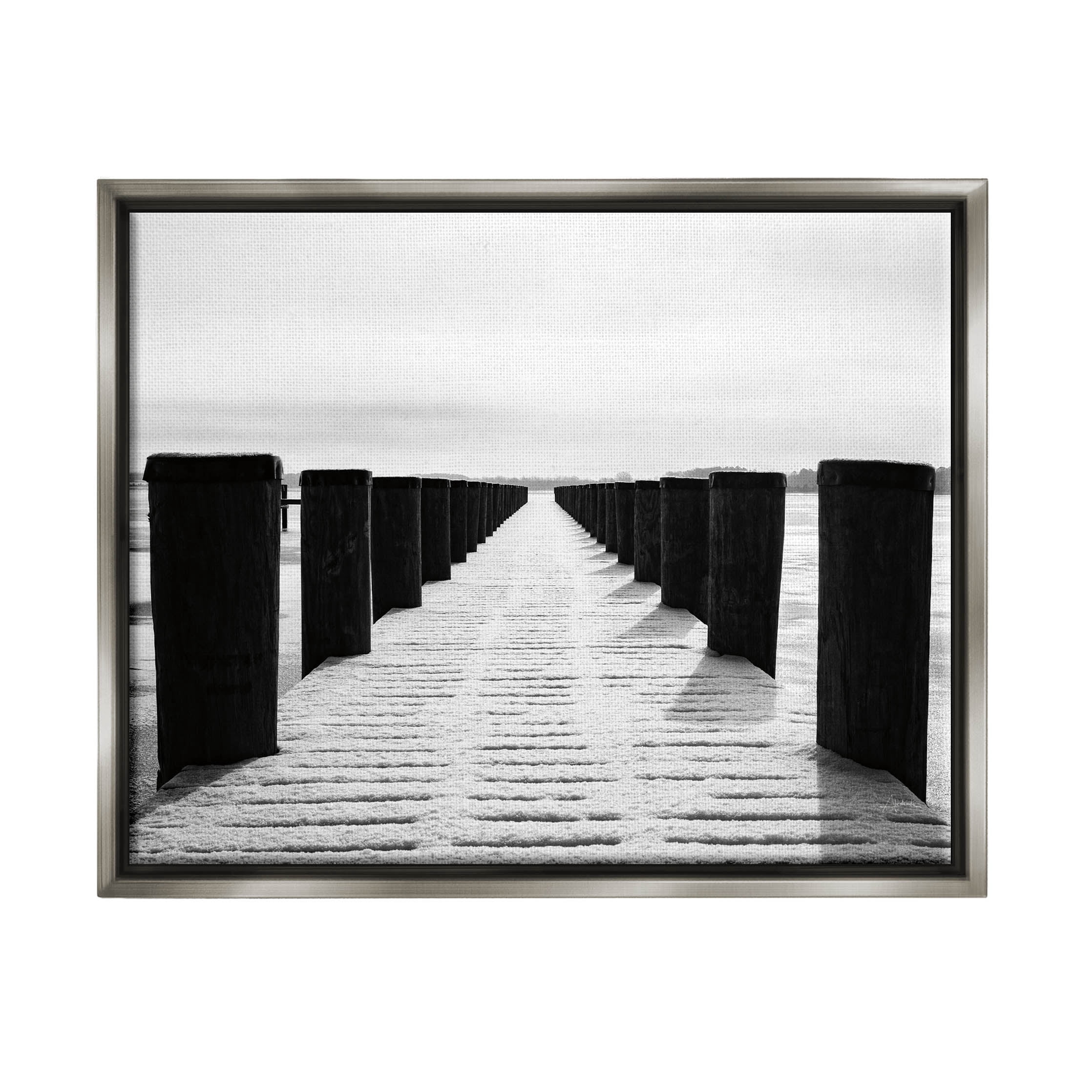 Stupell Industries Winter Dock Snowy Beach Photograph Luster Gray Floating Framed Canvas Print Wall Art, Design by Aledanda