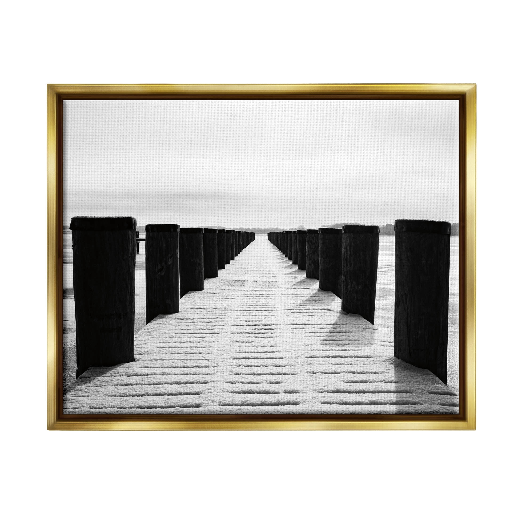 Stupell Industries Winter Dock Snowy Beach Photograph Metallic Gold Floating Framed Canvas Print Wall Art, Design by Aledanda