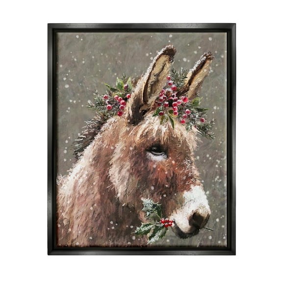 Stupell Industries Winter Donkey Snow Falling Holiday Painting Black Floater Framed Art Print Wall Art