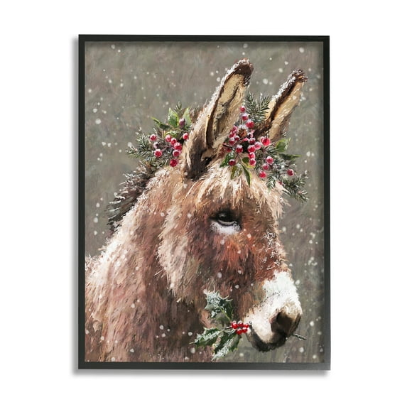 Stupell Industries Winter Donkey Snow Falling Holiday Painting Black Framed Art Print Wall Art