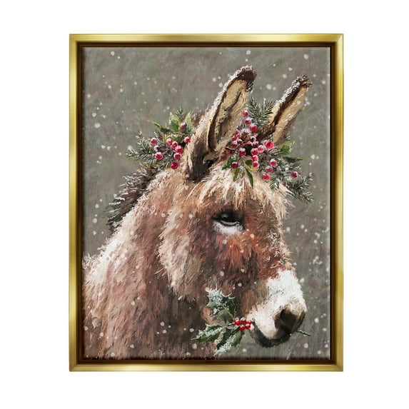Stupell Industries Winter Donkey Snow Falling Holiday Painting Gold Floater Framed Art Print Wall Art