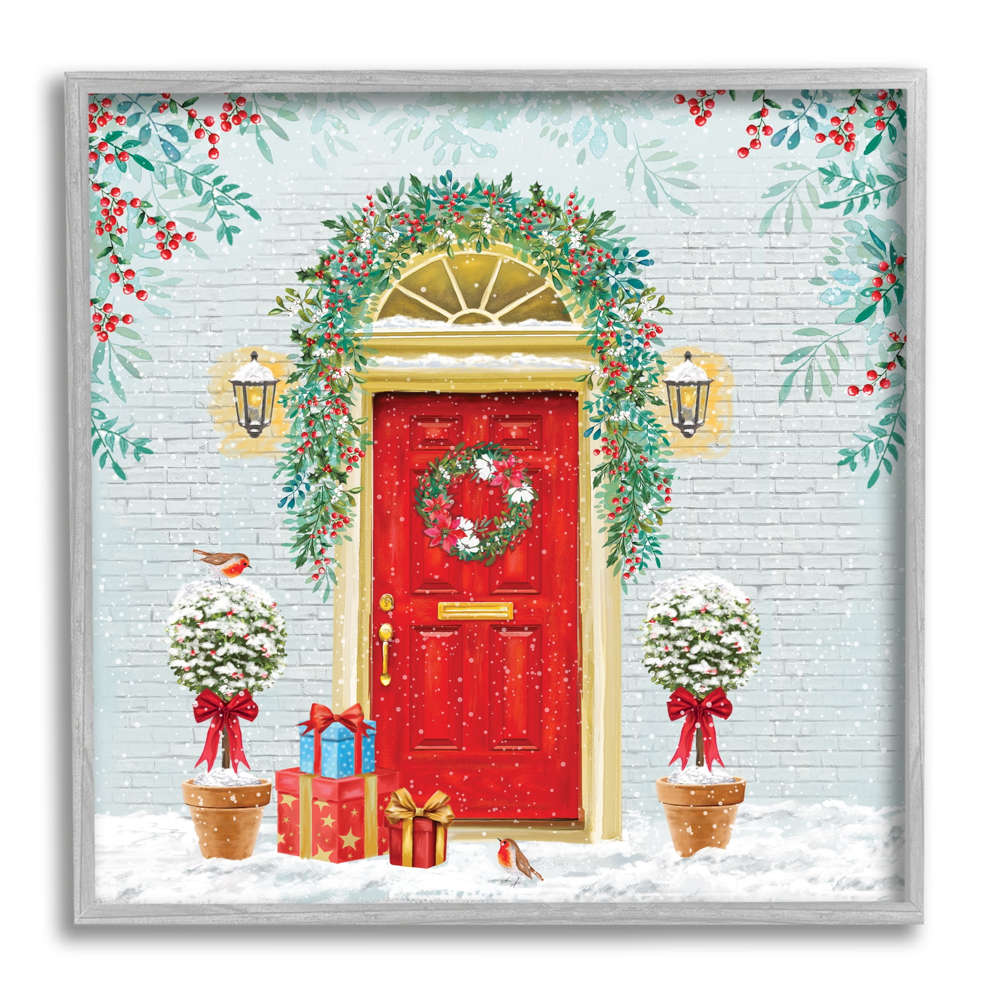 Stupell Industries Winter Doorway Christmas Gifts Holiday Painting Gray Framed Art Print Wall Art