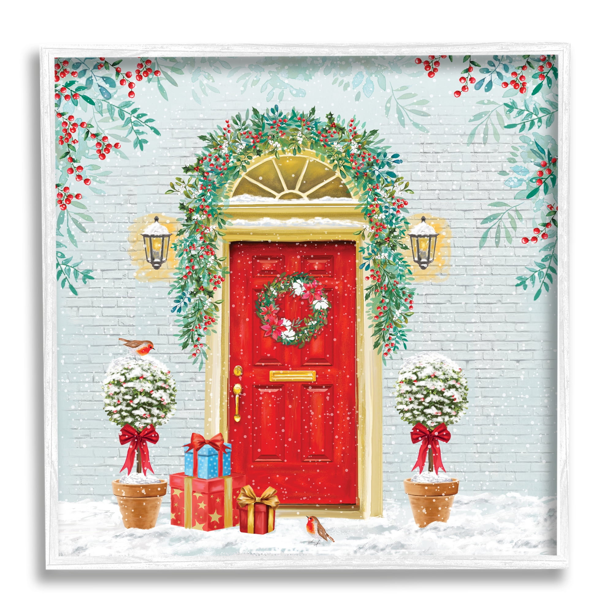 Stupell Industries Winter Doorway Christmas Gifts Holiday Painting White Framed Art Print Wall Art