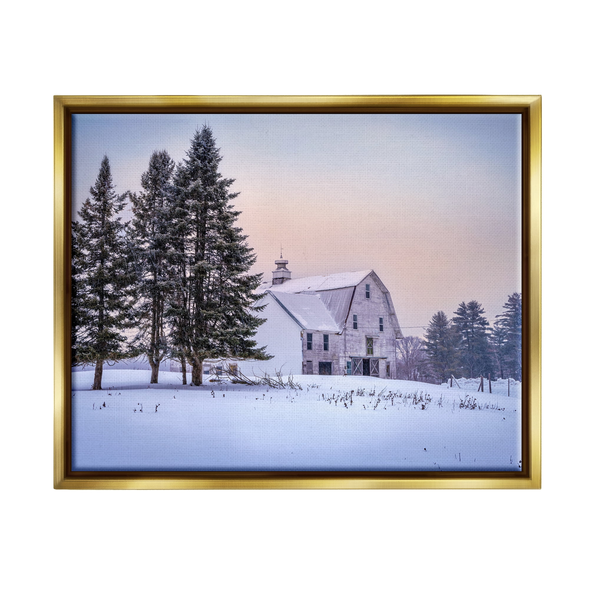 Stupell Industries Winter Farm Landscape Nature Photography Gold Floater Framed Art Print Wall Art, 31 x 25