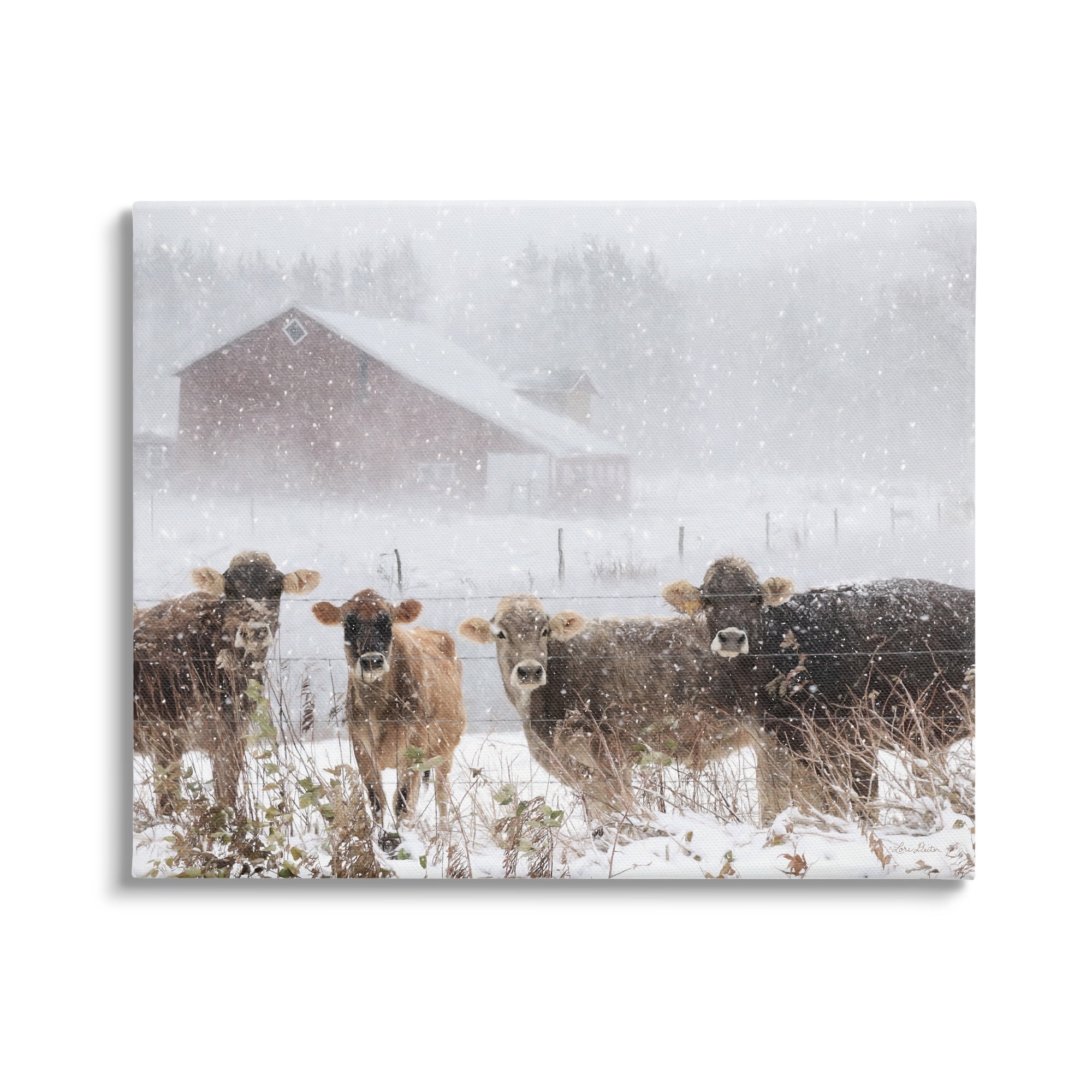 Stupell Industries Winter Farm Scene Cow Cattle Snowflakes Barn Canvas Wall Art, 20 x 16, Design by Lori Deiter