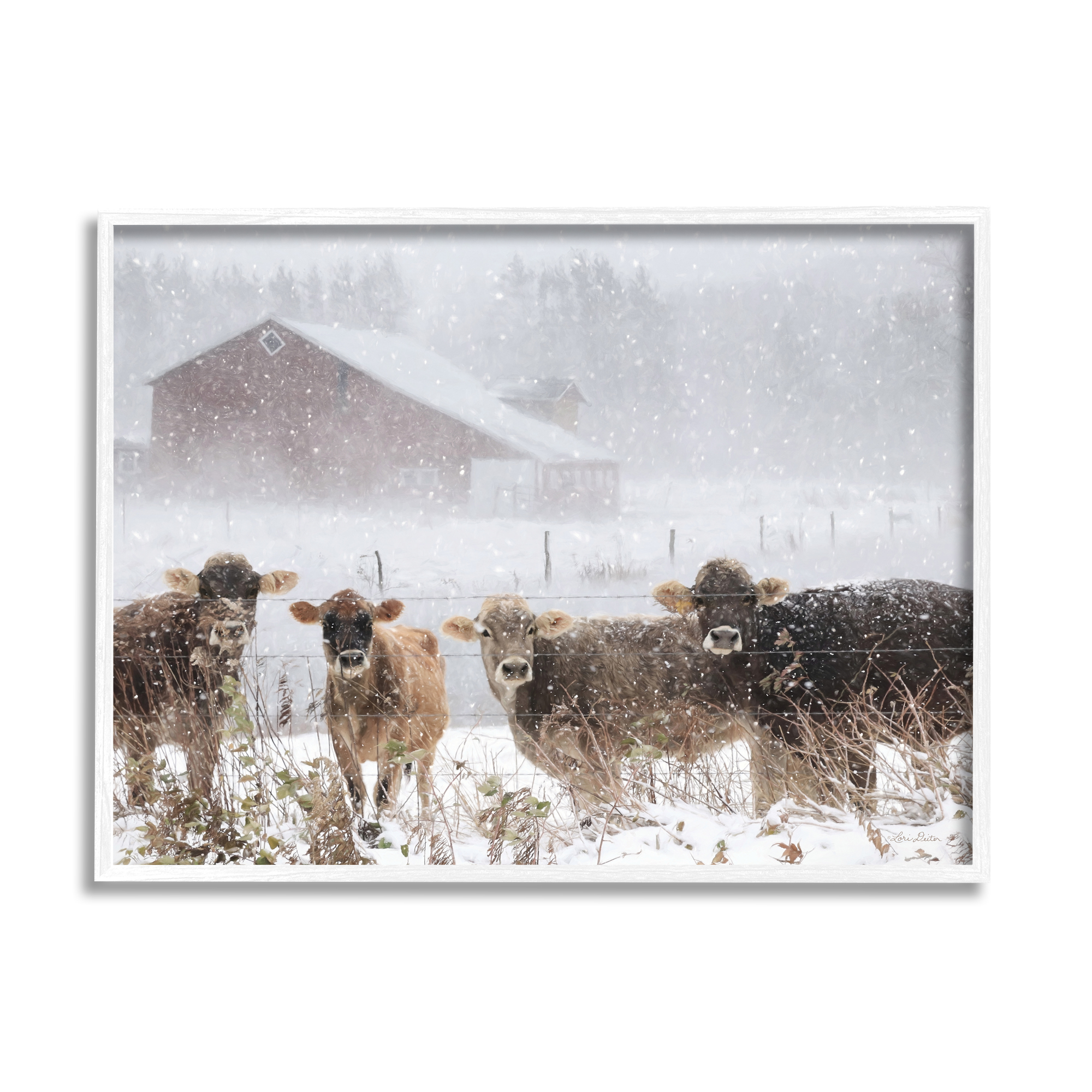 Stupell Industries Winter Farm Scene Cow Cattle Snowflakes Barn Framed Wall Art, 14 x 11, Design by Lori Deiter