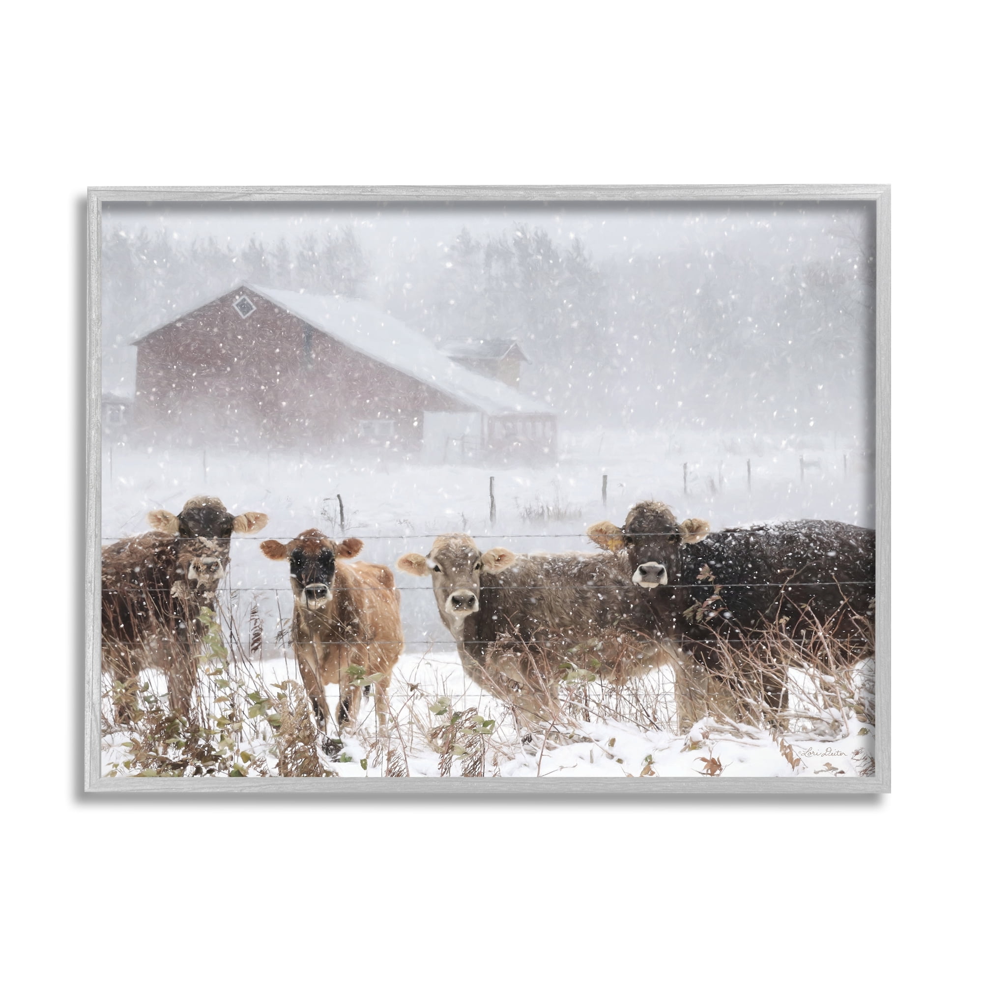 Stupell Industries Winter Farm Scene Cow Cattle Snowflakes Barn Framed Wall Art, 14 x 11, Design by Lori Deiter