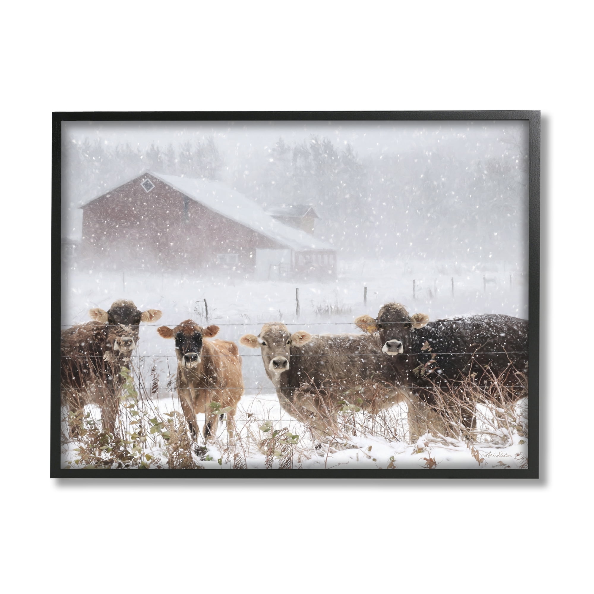Stupell Industries Winter Farm Scene Cow Cattle Snowflakes Barn Framed Wall Art, 30 x 24, Design by Lori Deiter
