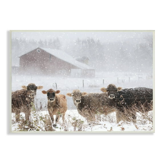 Stupell Industries Winter Farm Scene Cow Cattle Snowflakes Barn Wood Wall Art, 19 x 13, Design by Lori Deiter