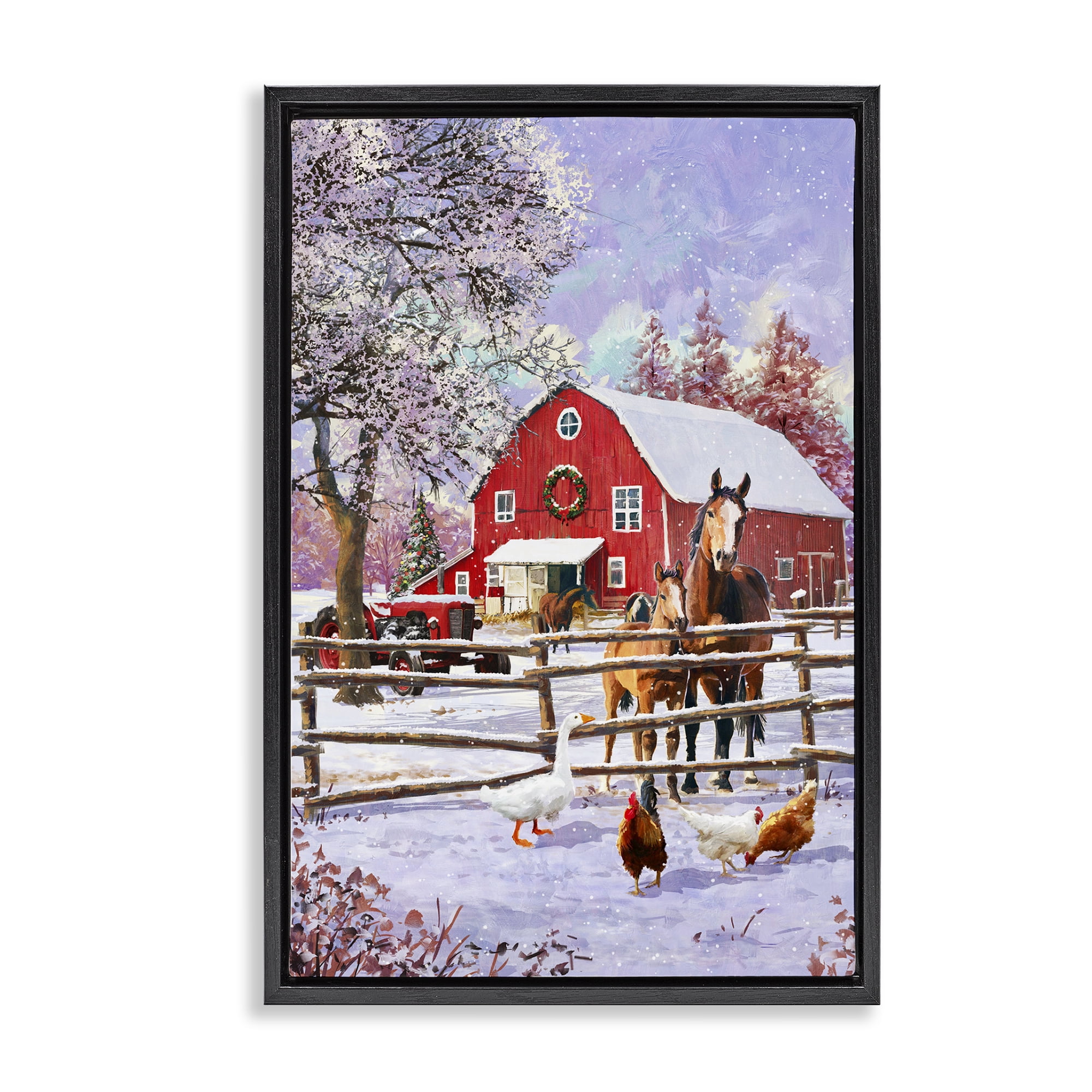 Stupell Industries Winter Farm Scene Holiday Painting Black Floater Framed Art Print Wall Art, 21 x 31