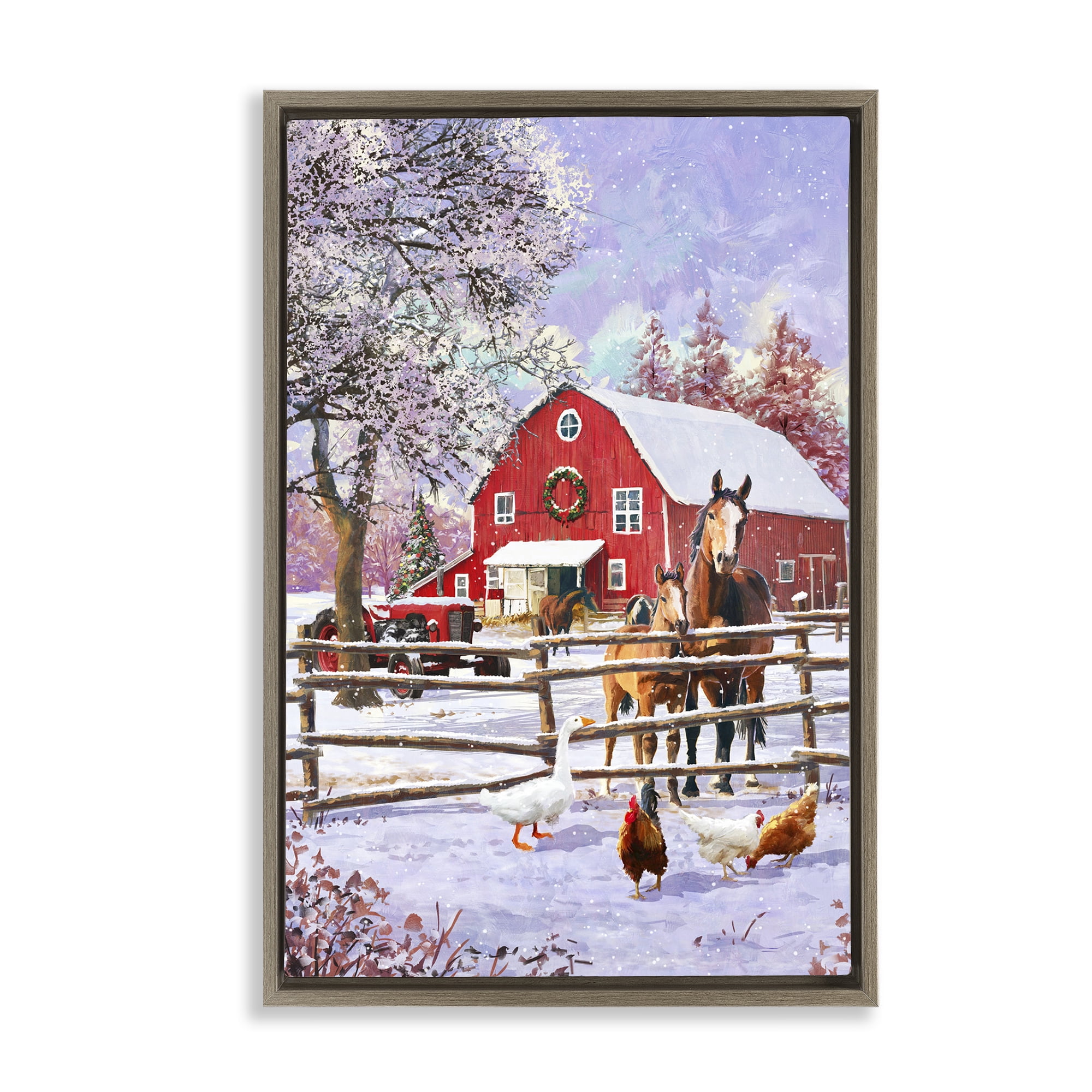 Stupell Industries Winter Farm Scene Holiday Painting Brown Floater Framed Art Print Wall Art, 17 x 25