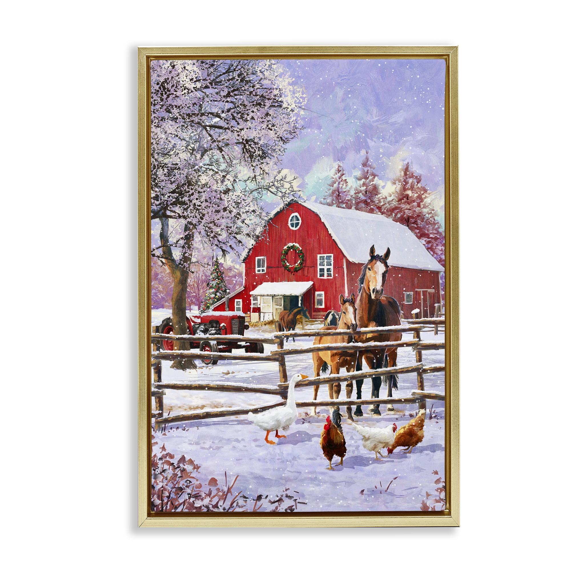 Stupell Industries Winter Farm Scene Holiday Painting Gold Floater Framed Art Print Wall Art, 21 x 31