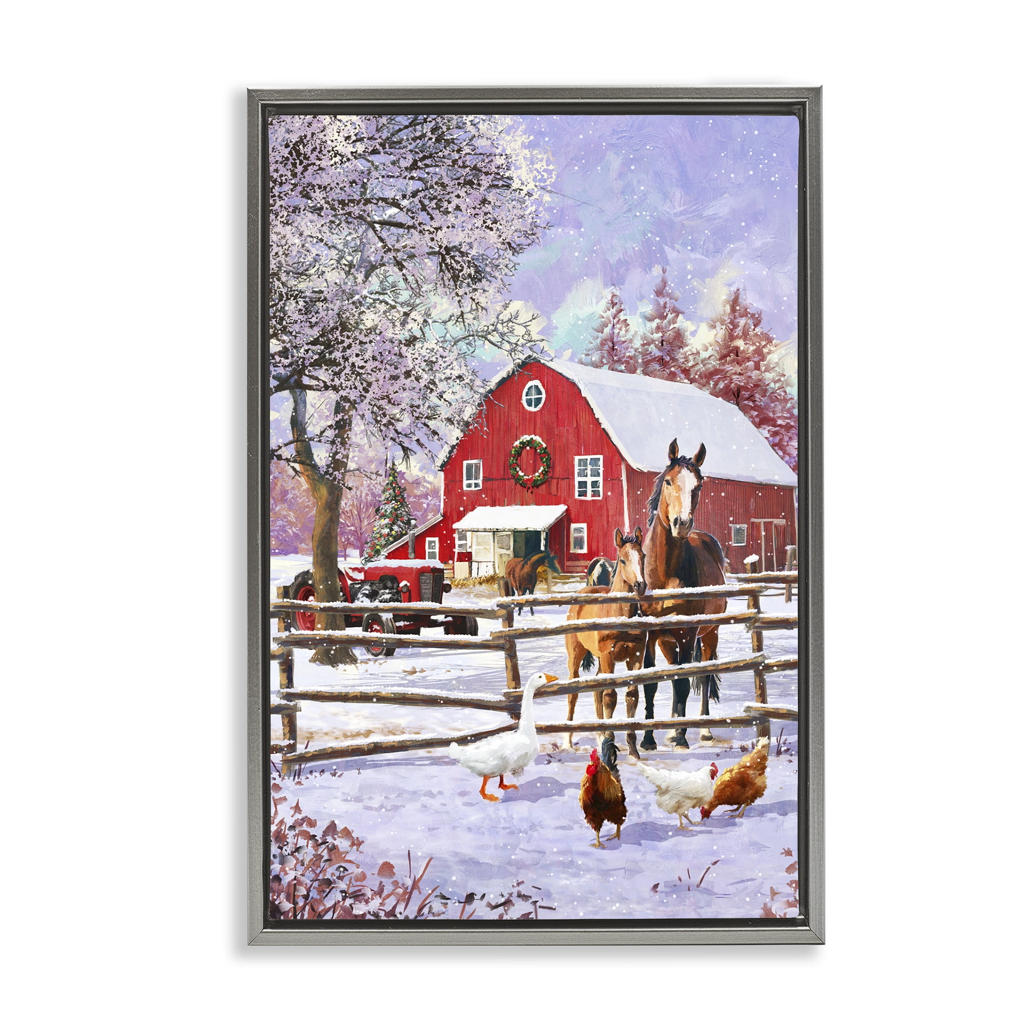 Stupell Industries Winter Farm Scene Holiday Painting Gray Floater Framed Art Print Wall Art, 17 x 25