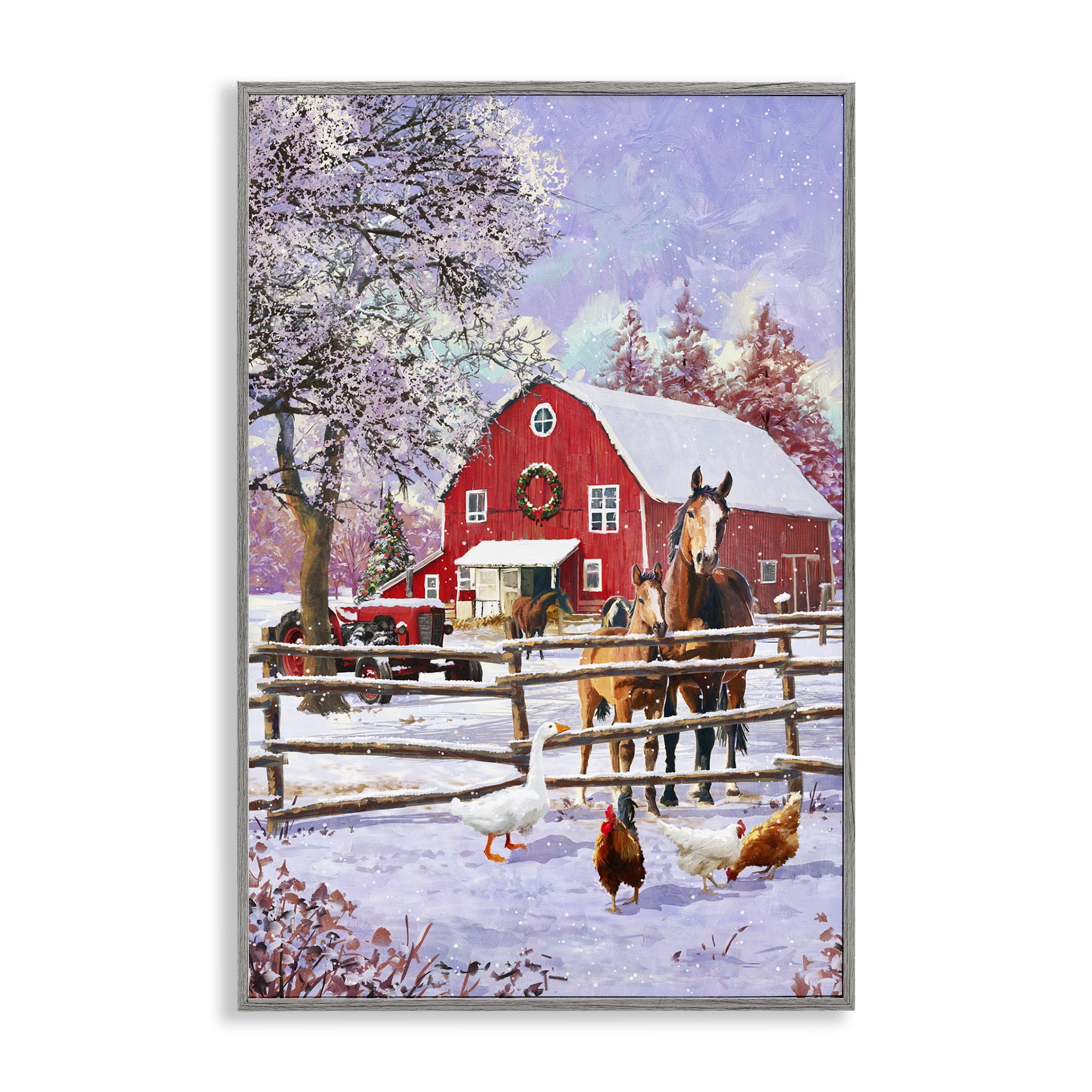 Stupell Industries Winter Farm Scene Holiday Painting Gray Framed Art Print Wall Art, 12 x 18