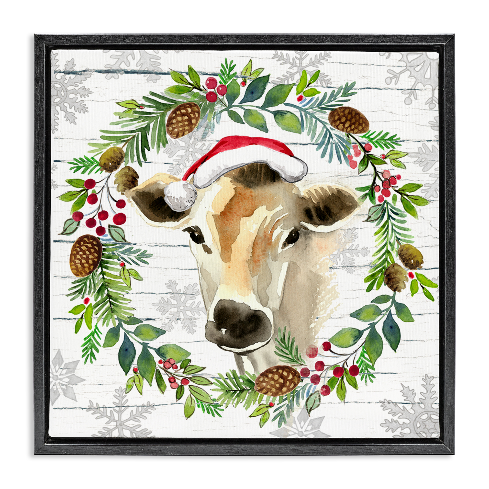 Stupell Industries Winter Farmhouse Cow Wreath Holiday Painting Black Floater Framed Canvas Art Print Wall Art, 18 x 18