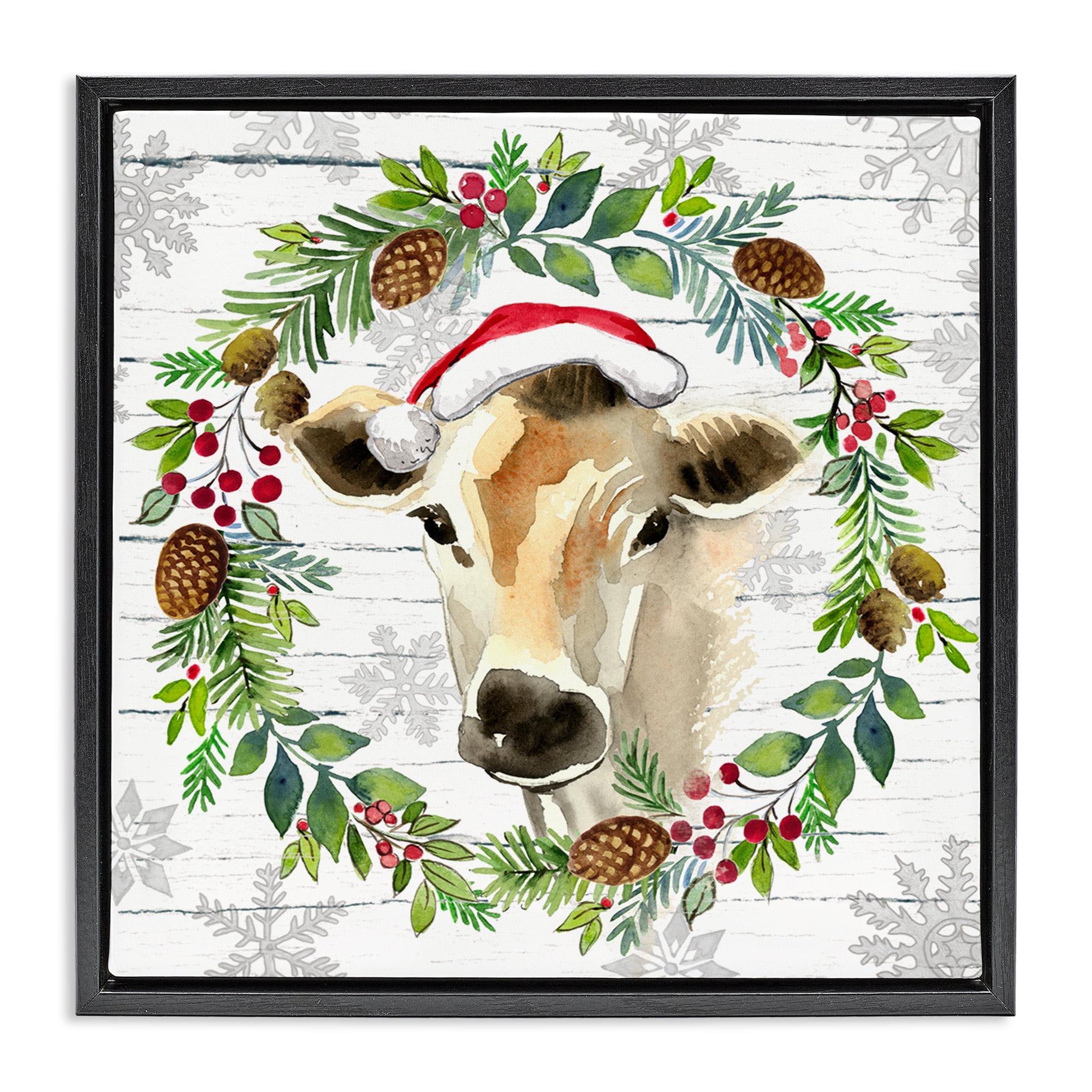 Stupell Industries Winter Farmhouse Cow Wreath Holiday Painting Black Floater Framed Canvas Art Print Wall Art, 25 x 25