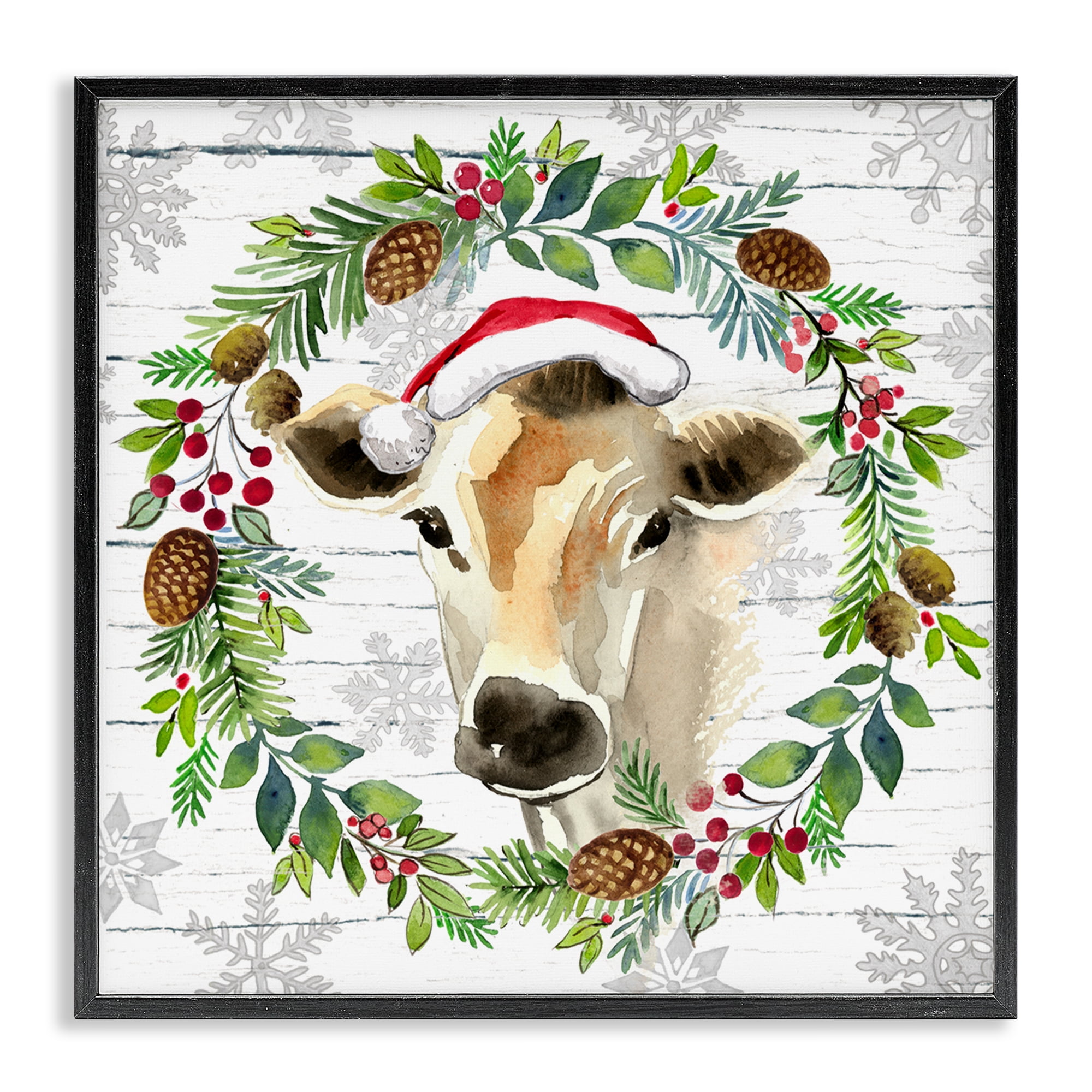Stupell Industries Winter Farmhouse Cow Wreath Holiday Painting Black Framed Art Print Wall Art, 24 x 24