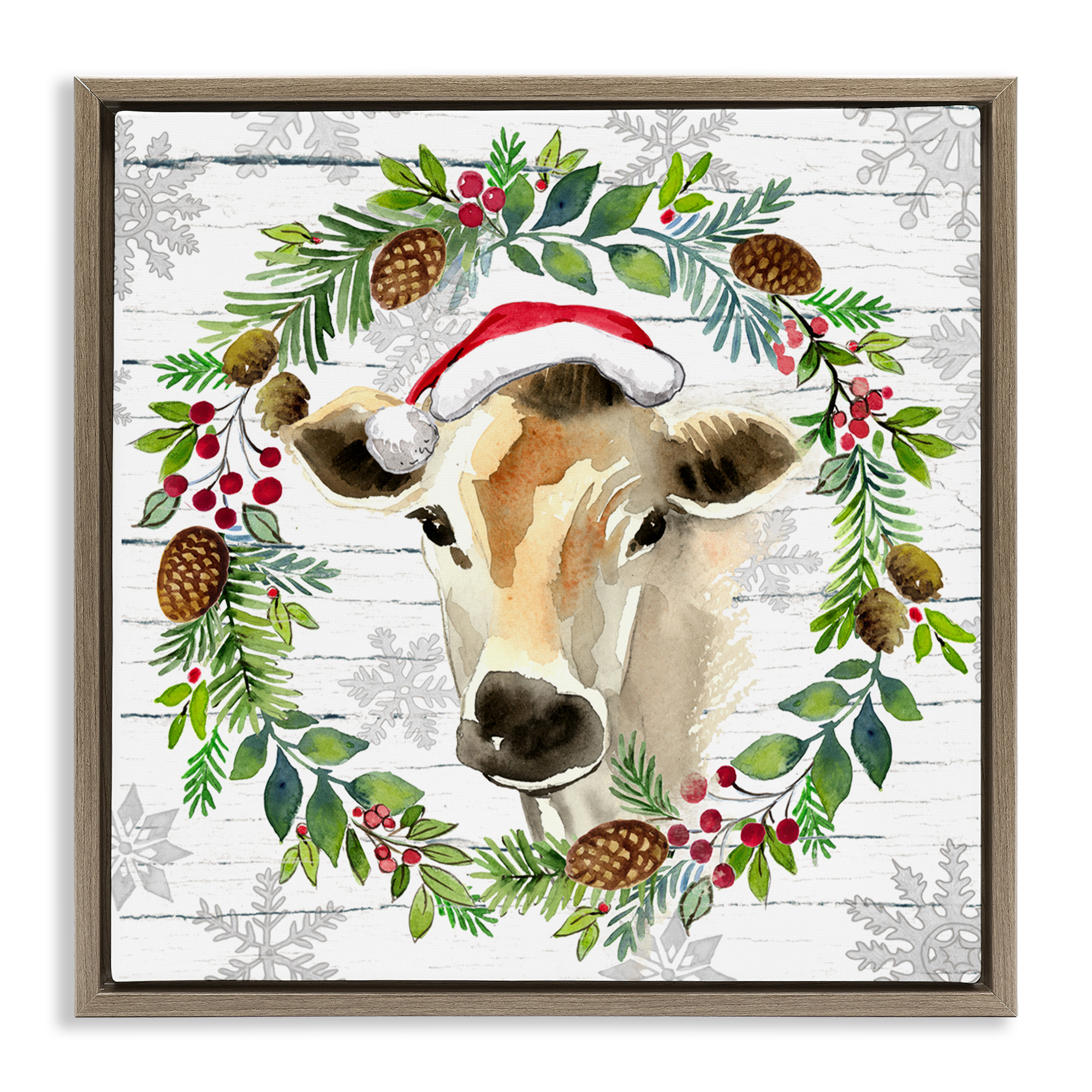 Stupell Industries Winter Farmhouse Cow Wreath Holiday Painting Brown Floater Framed Canvas Art Print Wall Art, 25 x 25